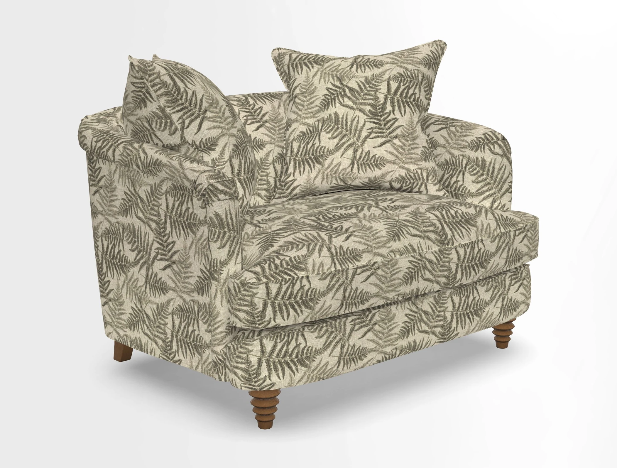 Helmsley Snuggler in V&A Threads of India Opulent Velvets Forest Creatures Hunter piping in Swiss Velvet Olive and scatter in Stockport Stripe Flame