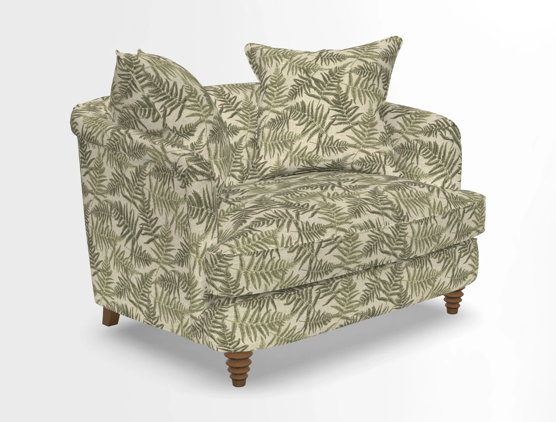 Helmsley Snuggler in V&A Threads of India Opulent Velvets Forest Creatures Hunter piping in Swiss Velvet Olive and scatter in Stockport Stripe Flame
