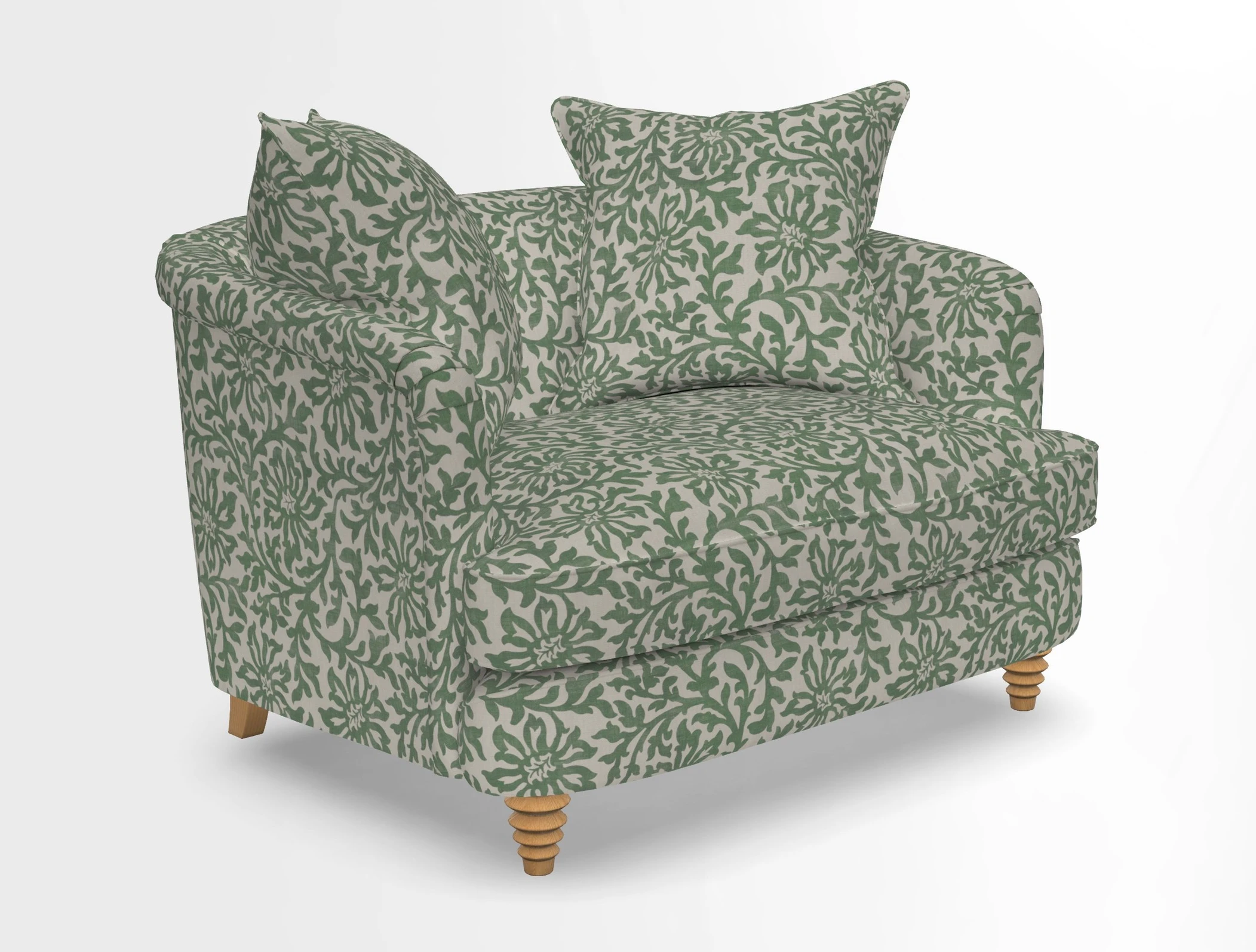 Helmsley Snuggler in V&A Threads of India Opulent Velvets Forest Creatures Hunter piping in Swiss Velvet Olive and scatter in Stockport Stripe Flame