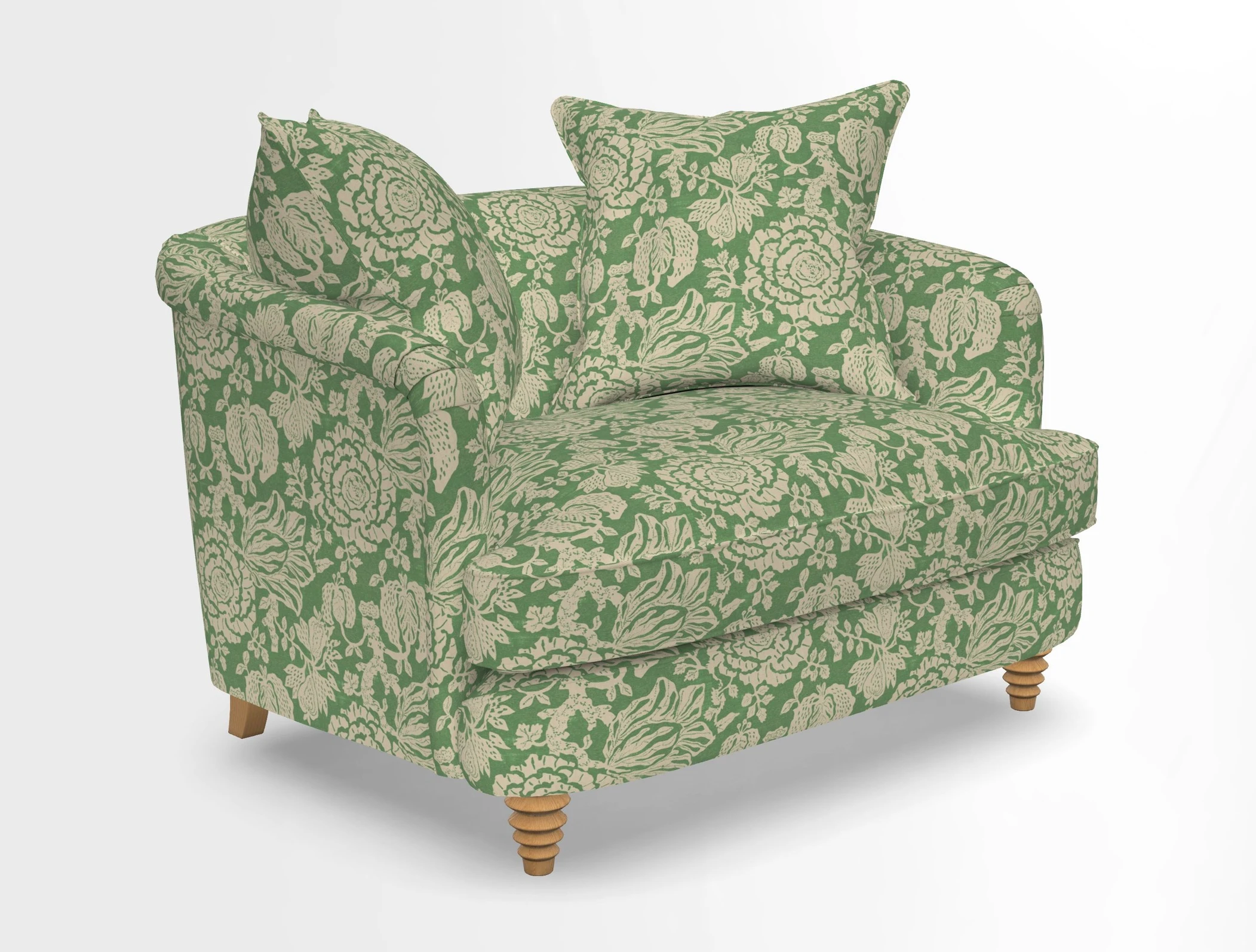 Helmsley Snuggler in V&A Threads of India Opulent Velvets Forest Creatures Hunter piping in Swiss Velvet Olive and scatter in Stockport Stripe Flame