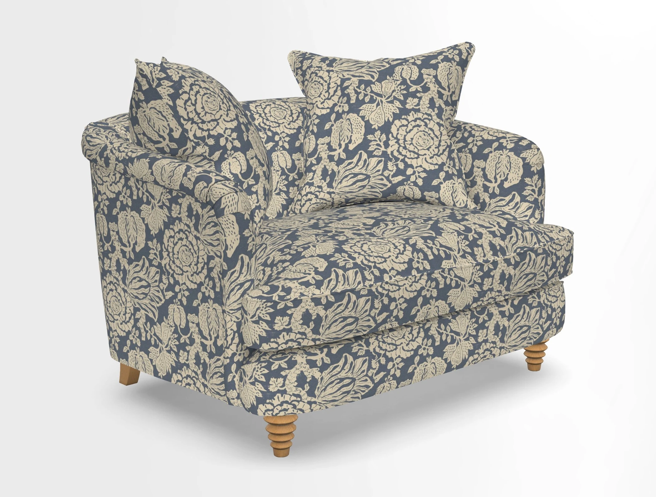 Helmsley Snuggler in V&A Threads of India Opulent Velvets Forest Creatures Hunter piping in Swiss Velvet Olive and scatter in Stockport Stripe Flame