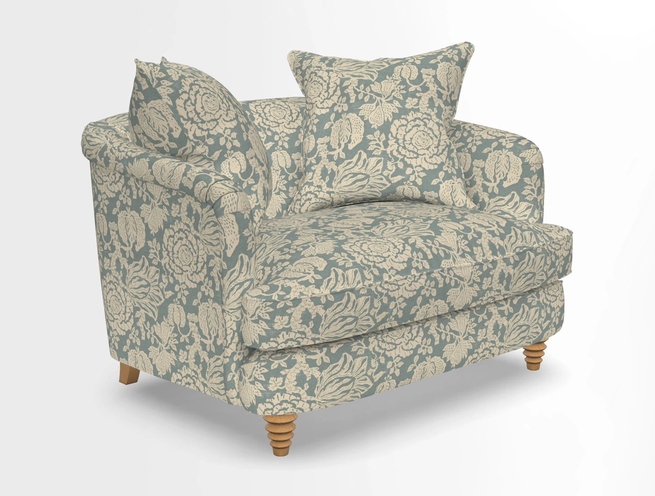 Helmsley Snuggler in V&A Threads of India Opulent Velvets Forest Creatures Hunter piping in Swiss Velvet Olive and scatter in Stockport Stripe Flame