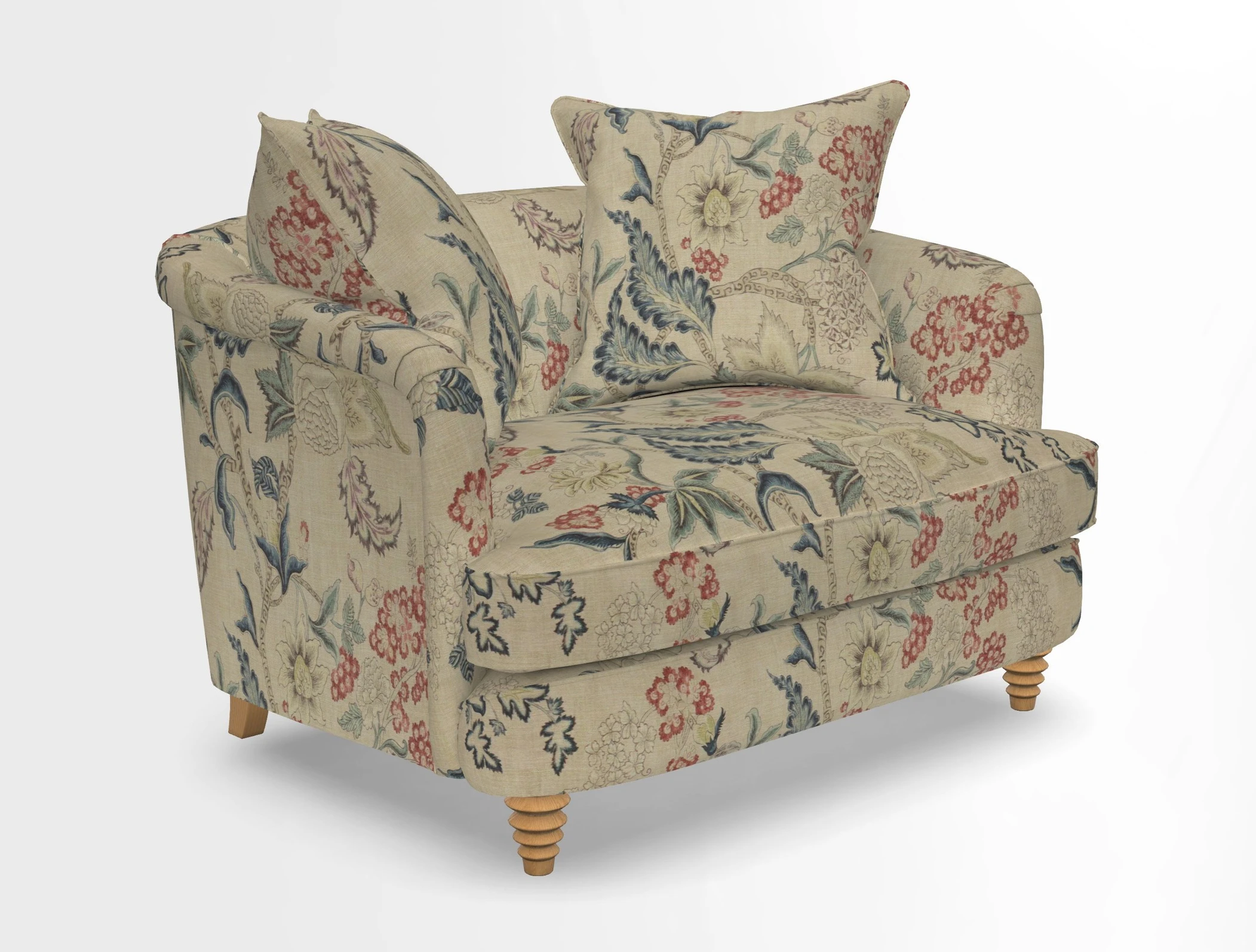 Helmsley Snuggler in V&A Threads of India Opulent Velvets Forest Creatures Hunter piping in Swiss Velvet Olive and scatter in Stockport Stripe Flame