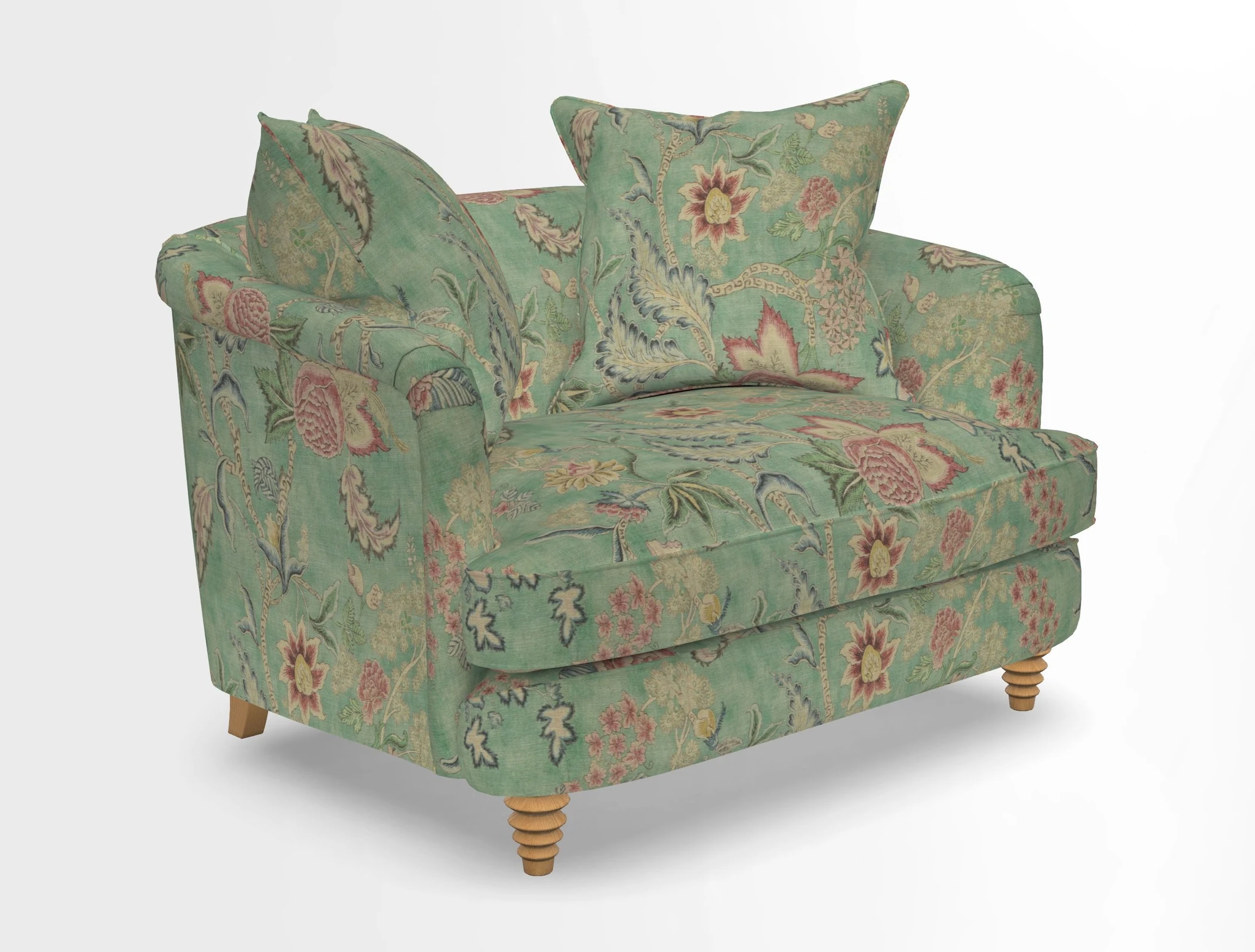 Helmsley Snuggler in V&A Threads of India Opulent Velvets Forest Creatures Hunter piping in Swiss Velvet Olive and scatter in Stockport Stripe Flame