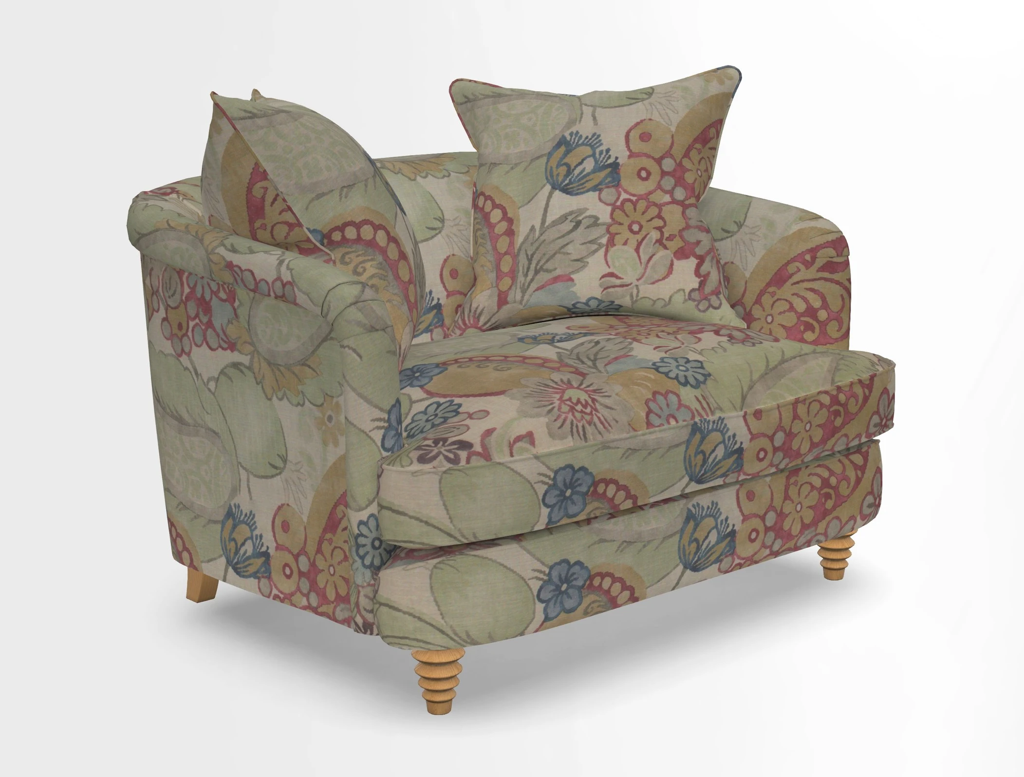 Helmsley Snuggler in V&A Threads of India Opulent Velvets Forest Creatures Hunter piping in Swiss Velvet Olive and scatter in Stockport Stripe Flame