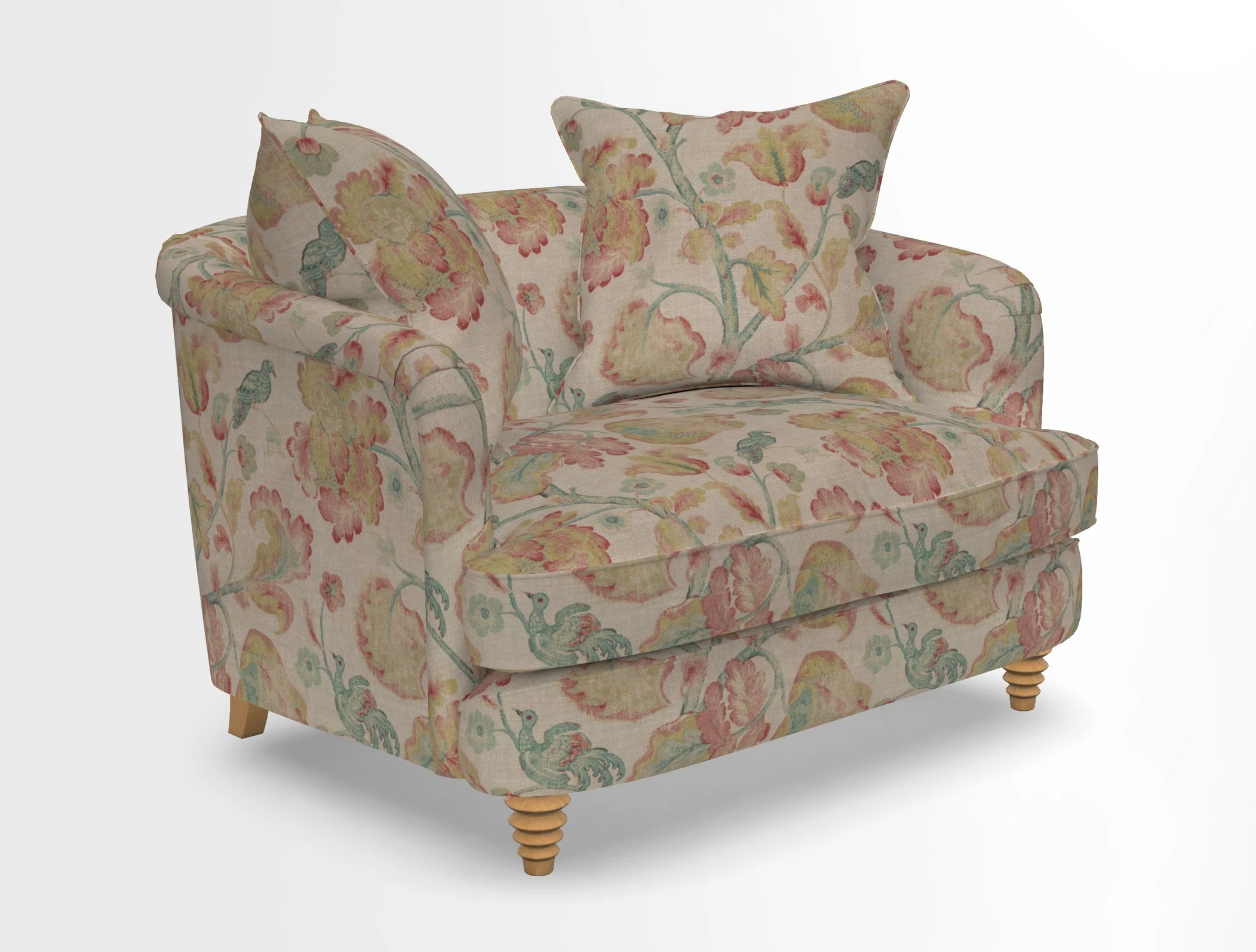 Helmsley Snuggler in V&A Threads of India Opulent Velvets Forest Creatures Hunter piping in Swiss Velvet Olive and scatter in Stockport Stripe Flame