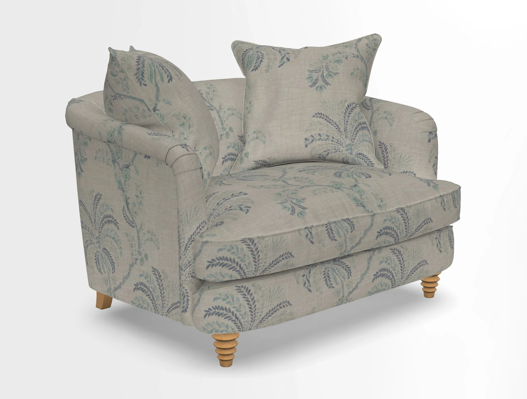 Helmsley Snuggler in V&A Threads of India Opulent Velvets Forest Creatures Hunter piping in Swiss Velvet Olive and scatter in Stockport Stripe Flame