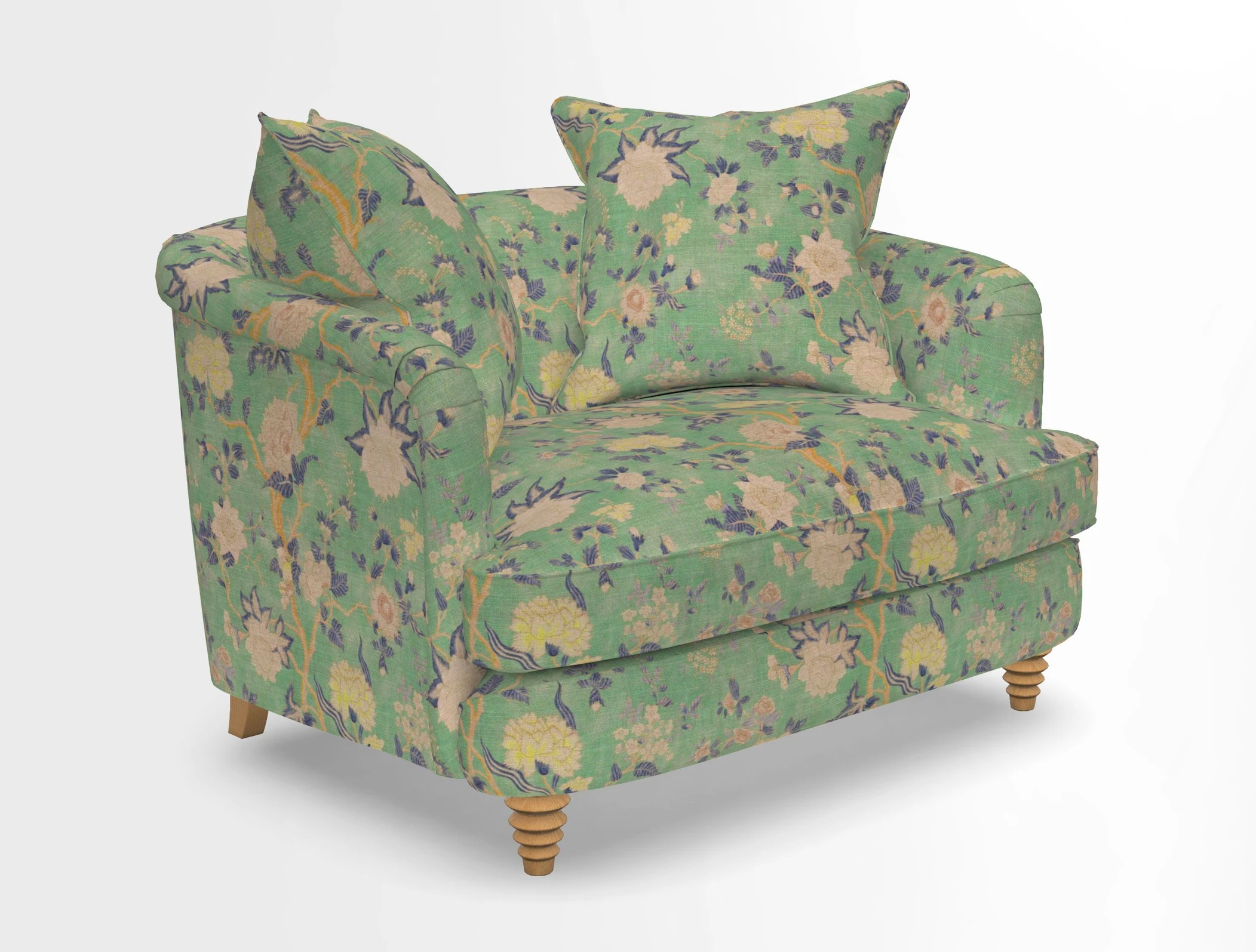 Helmsley Snuggler in V&A Threads of India Opulent Velvets Forest Creatures Hunter piping in Swiss Velvet Olive and scatter in Stockport Stripe Flame