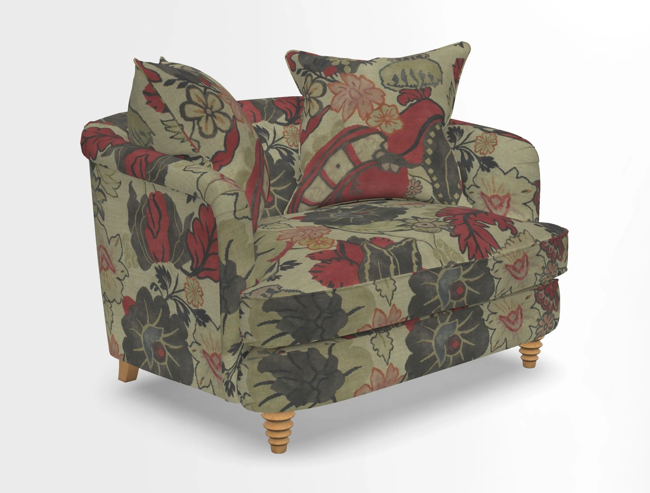 Helmsley Snuggler in V&A Threads of India Opulent Velvets Forest Creatures Hunter piping in Swiss Velvet Olive and scatter in Stockport Stripe Flame
