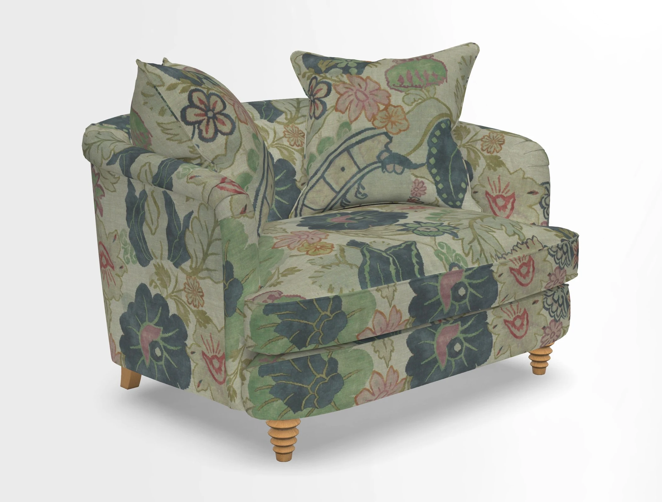 Helmsley Snuggler in V&A Threads of India Opulent Velvets Forest Creatures Hunter piping in Swiss Velvet Olive and scatter in Stockport Stripe Flame