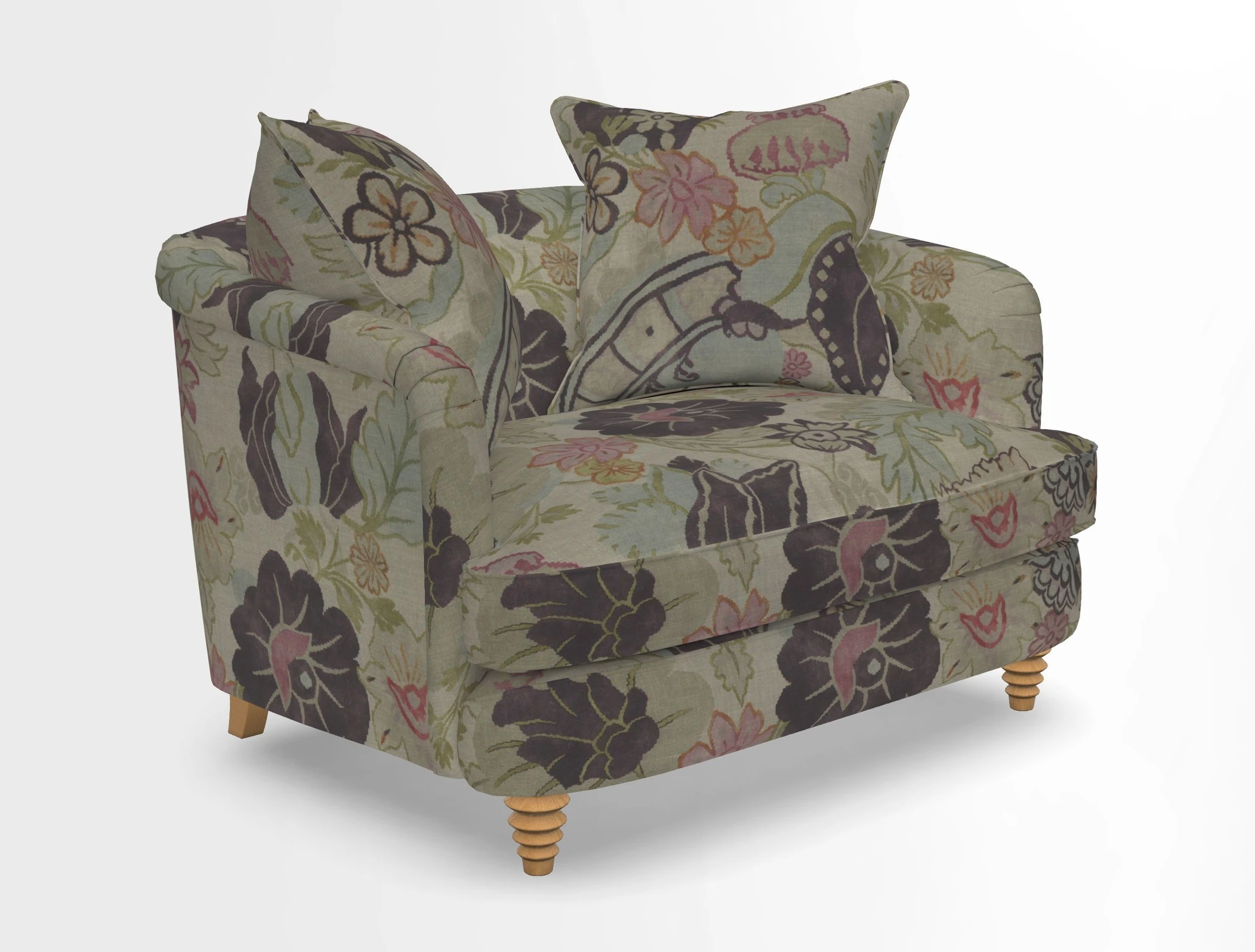 Helmsley Snuggler in V&A Threads of India Opulent Velvets Forest Creatures Hunter piping in Swiss Velvet Olive and scatter in Stockport Stripe Flame