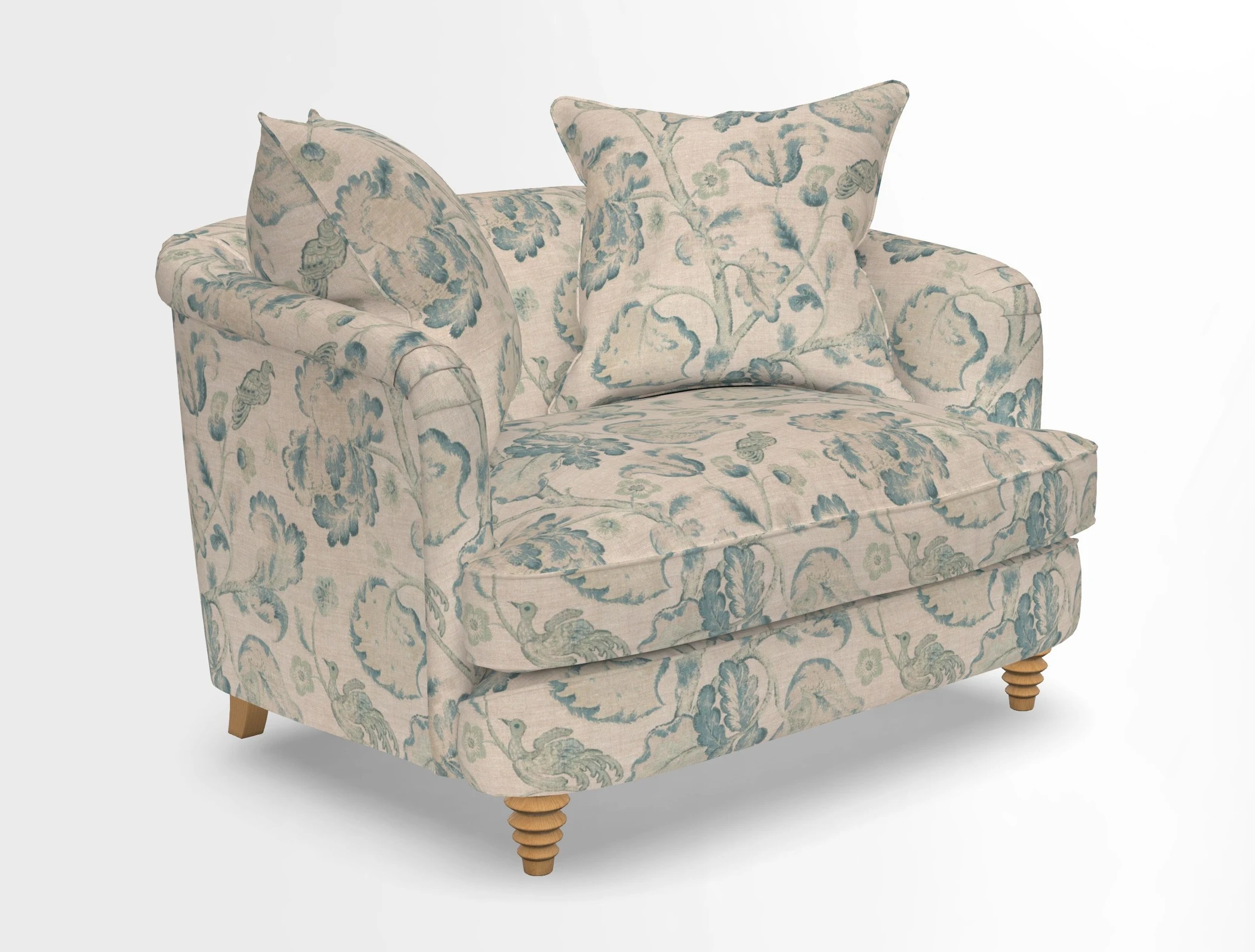 Helmsley Snuggler in V&A Threads of India Opulent Velvets Forest Creatures Hunter piping in Swiss Velvet Olive and scatter in Stockport Stripe Flame