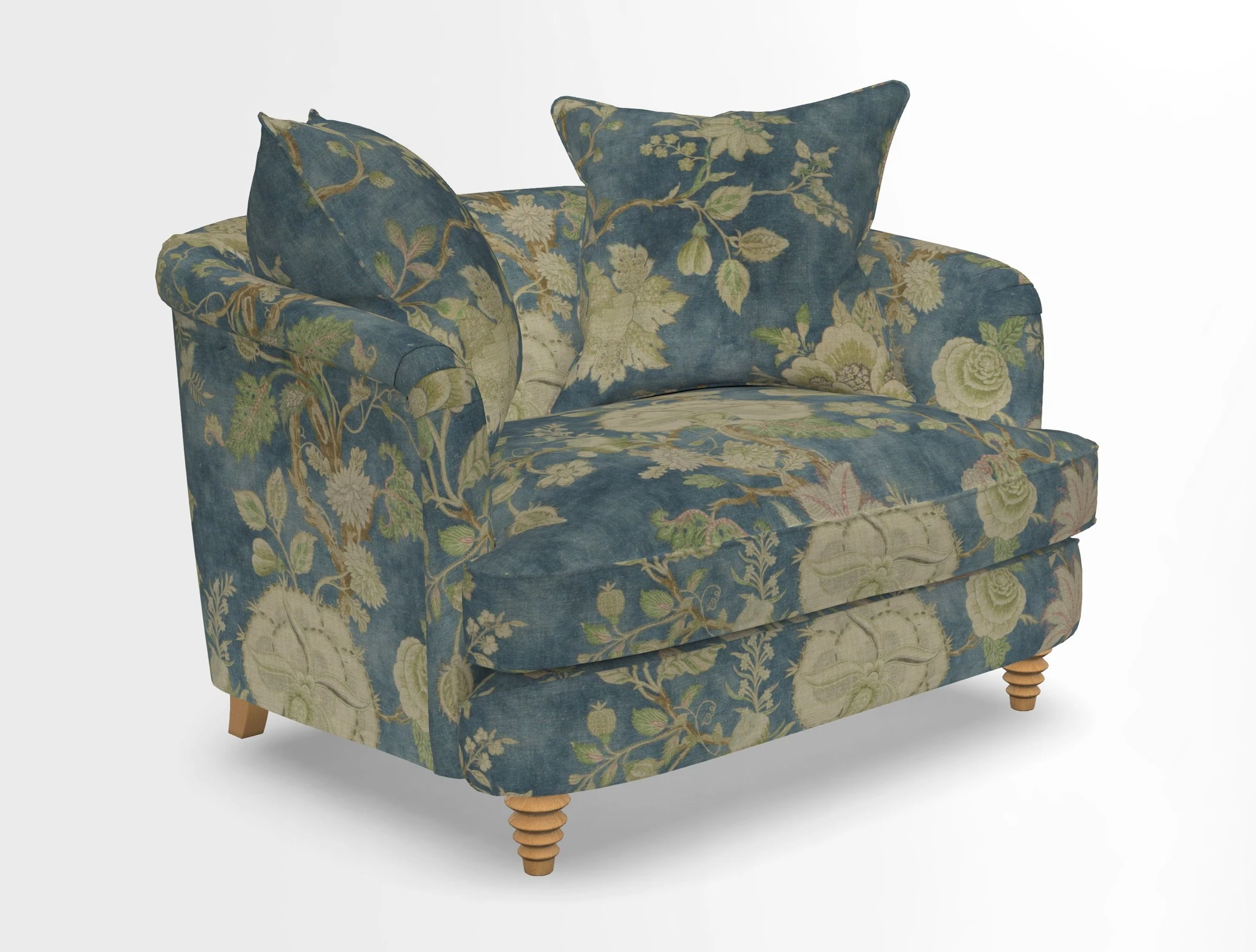 Helmsley Snuggler in V&A Threads of India Opulent Velvets Forest Creatures Hunter piping in Swiss Velvet Olive and scatter in Stockport Stripe Flame