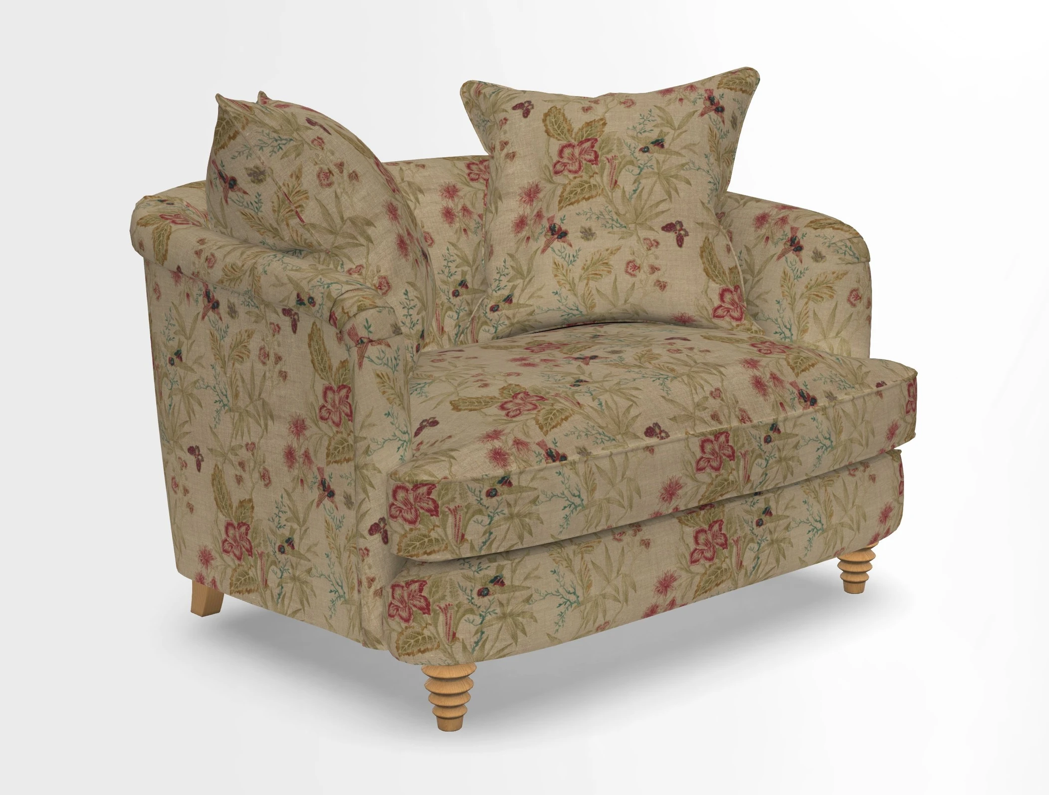 Helmsley Snuggler in V&A Threads of India Opulent Velvets Forest Creatures Hunter piping in Swiss Velvet Olive and scatter in Stockport Stripe Flame
