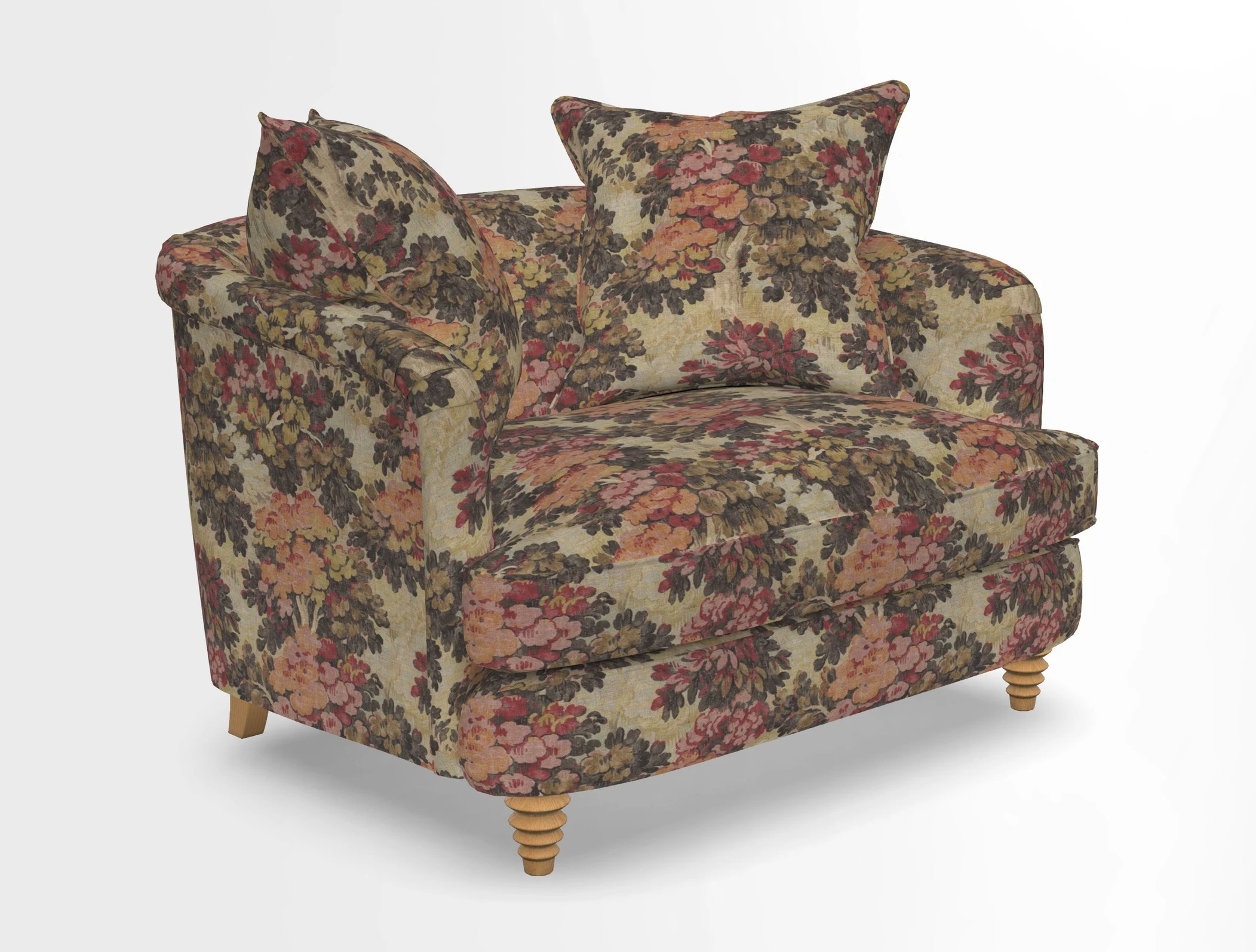 Helmsley Snuggler in V&A Threads of India Opulent Velvets Forest Creatures Hunter piping in Swiss Velvet Olive and scatter in Stockport Stripe Flame