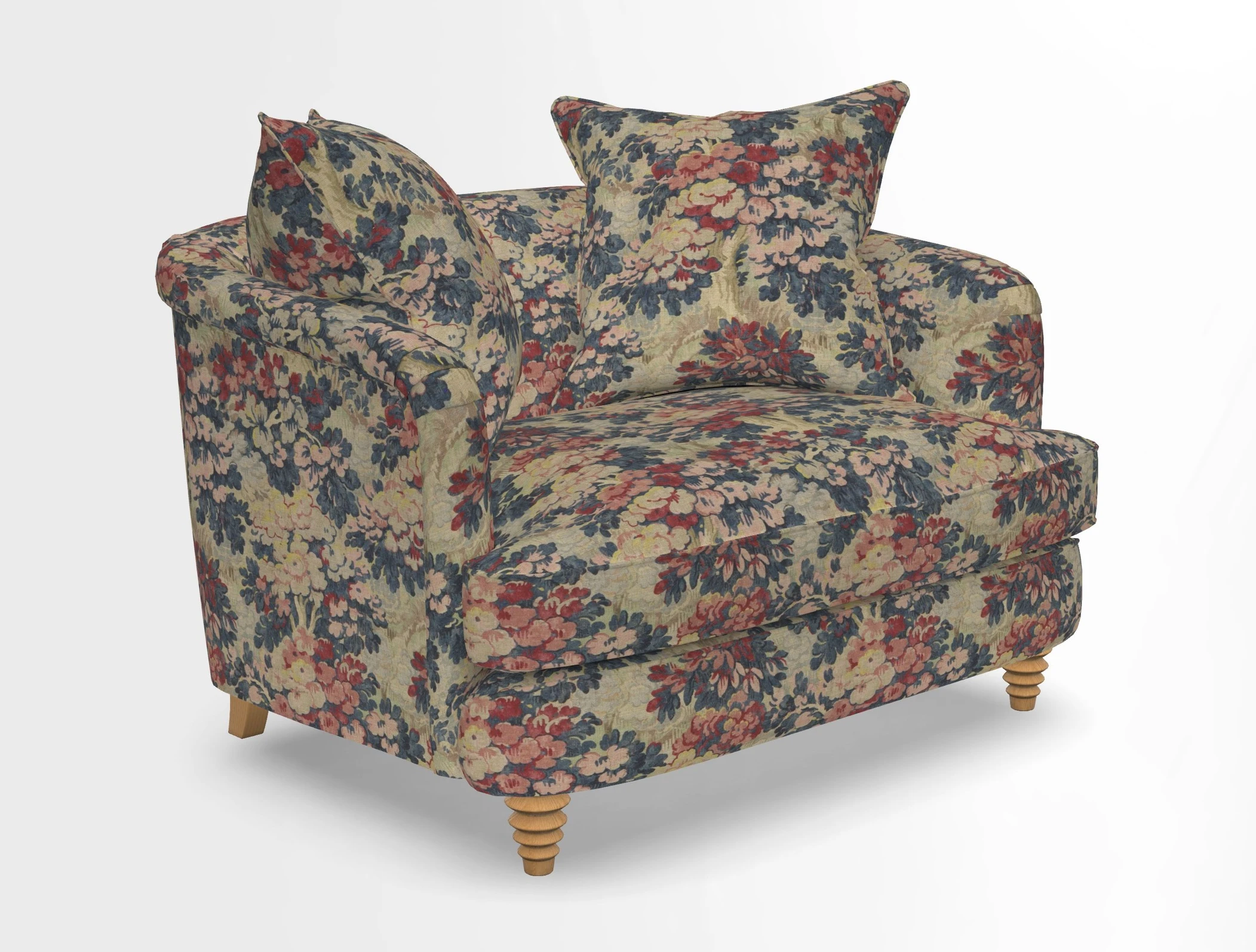 Helmsley Snuggler in V&A Threads of India Opulent Velvets Forest Creatures Hunter piping in Swiss Velvet Olive and scatter in Stockport Stripe Flame
