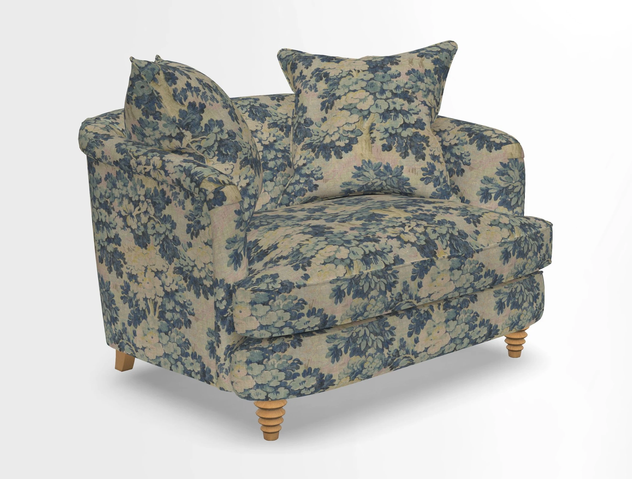 Helmsley Snuggler in V&A Threads of India Opulent Velvets Forest Creatures Hunter piping in Swiss Velvet Olive and scatter in Stockport Stripe Flame