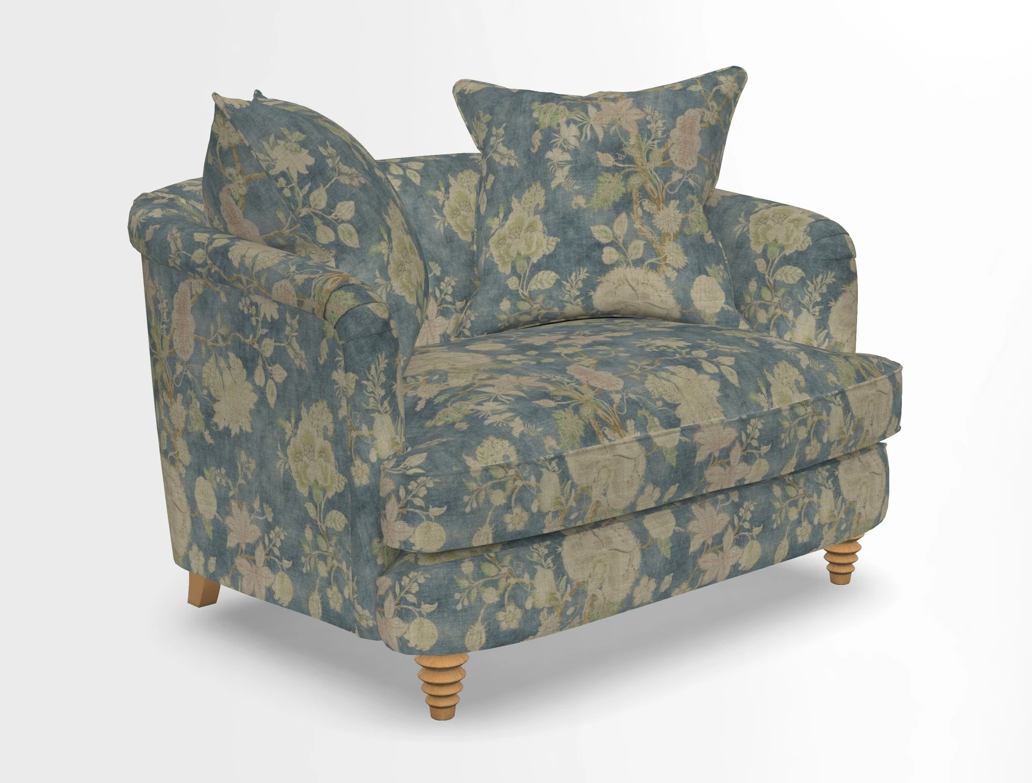 Helmsley Snuggler in V&A Threads of India Opulent Velvets Forest Creatures Hunter piping in Swiss Velvet Olive and scatter in Stockport Stripe Flame