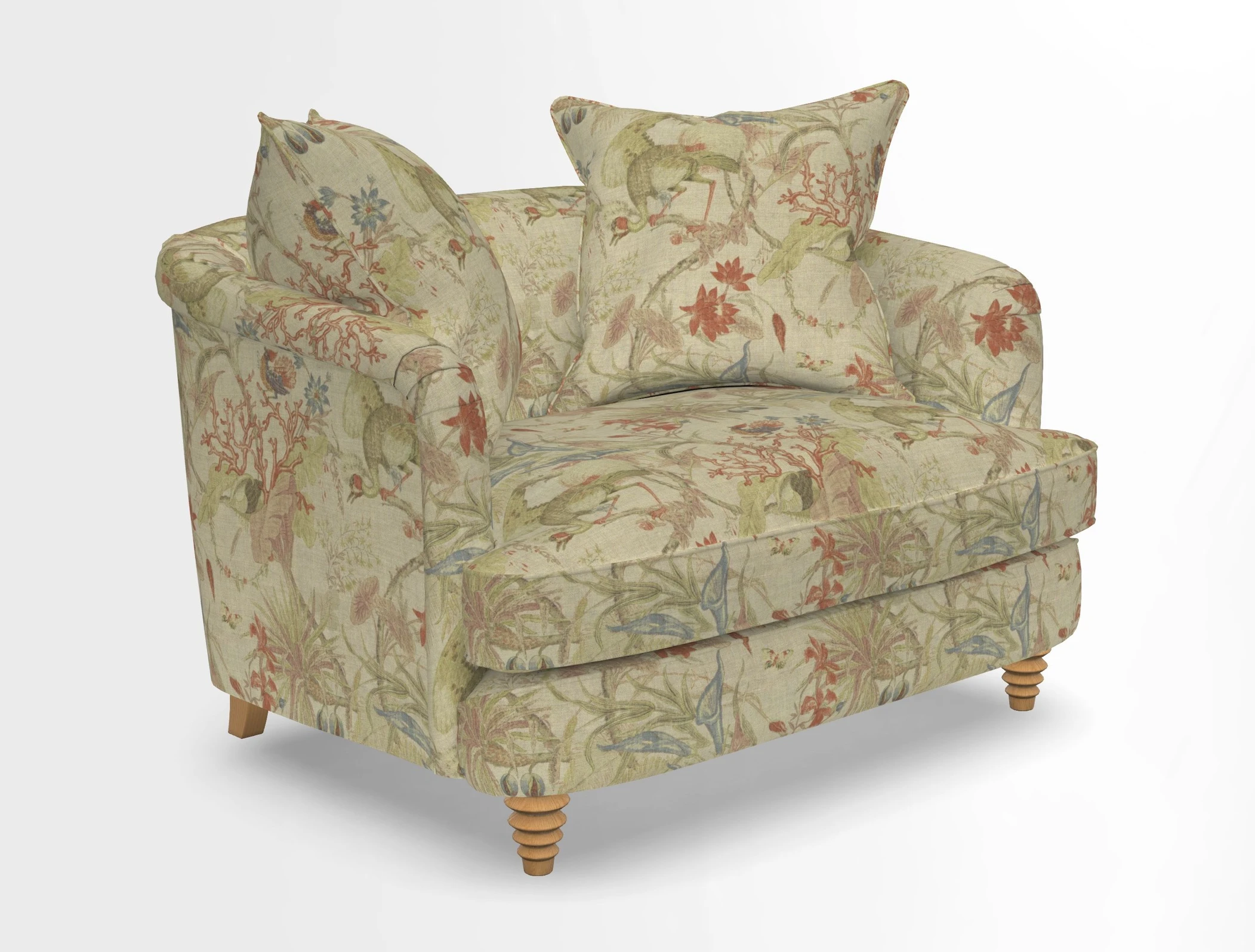 Helmsley Snuggler in V&A Threads of India Opulent Velvets Forest Creatures Hunter piping in Swiss Velvet Olive and scatter in Stockport Stripe Flame