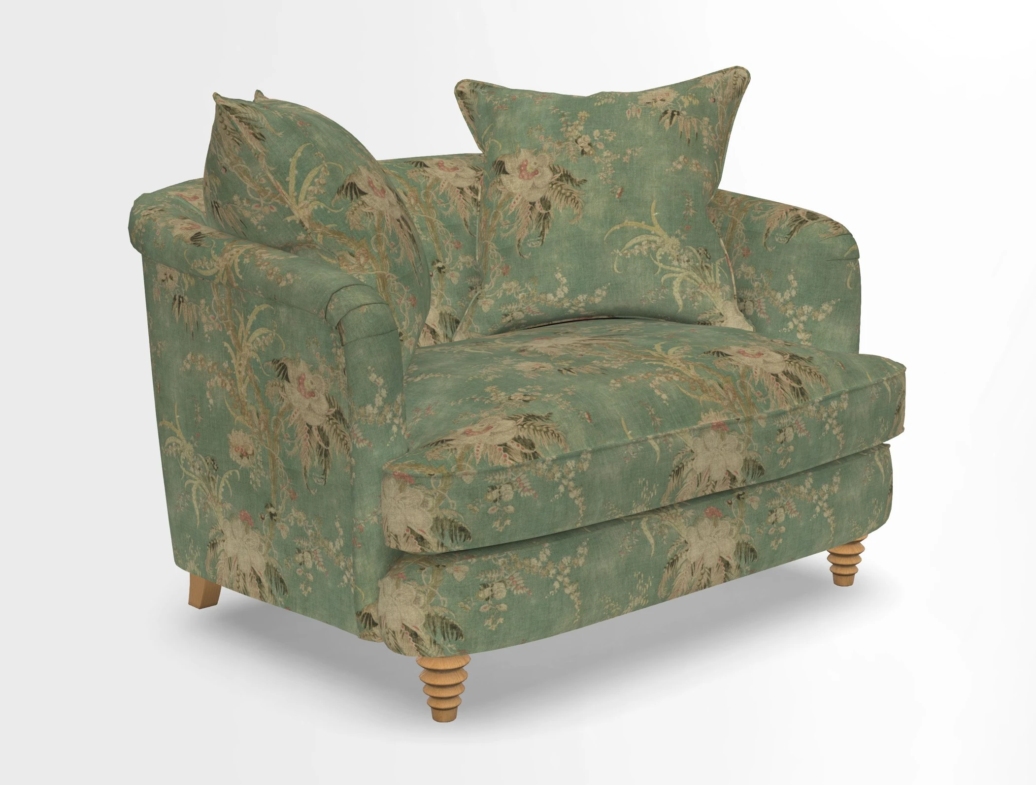 Helmsley Snuggler in V&A Threads of India Opulent Velvets Forest Creatures Hunter piping in Swiss Velvet Olive and scatter in Stockport Stripe Flame