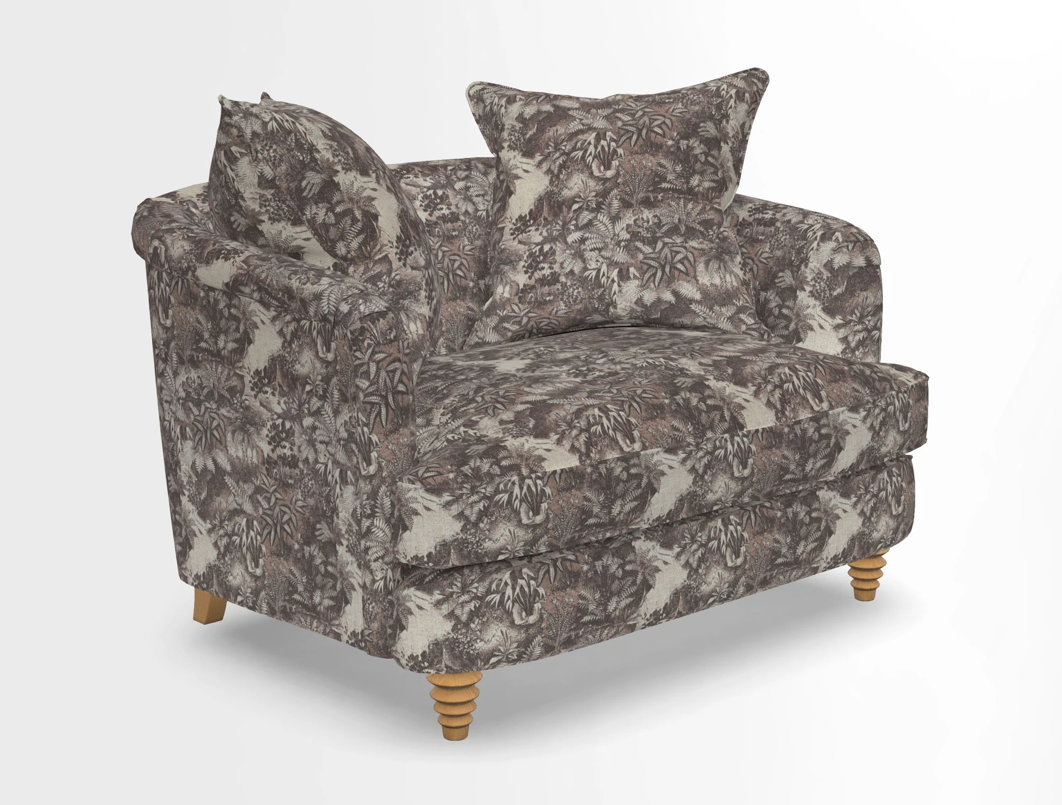 Helmsley Snuggler in V&A Threads of India Opulent Velvets Forest Creatures Hunter piping in Swiss Velvet Olive and scatter in Stockport Stripe Flame