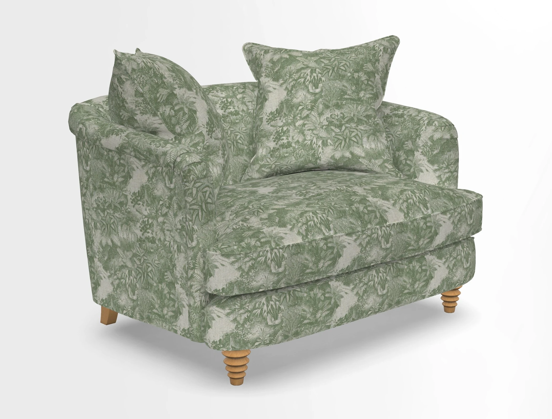 Helmsley Snuggler in V&A Threads of India Opulent Velvets Forest Creatures Hunter piping in Swiss Velvet Olive and scatter in Stockport Stripe Flame
