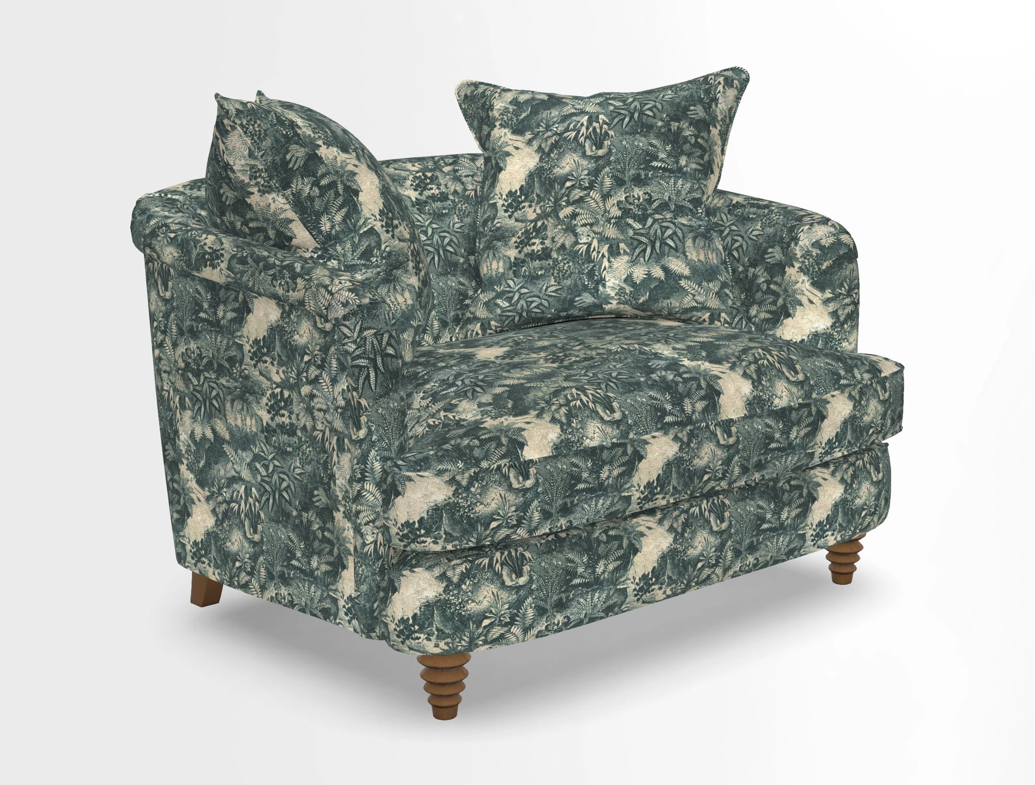 Helmsley Snuggler in V&A Threads of India Opulent Velvets Forest Creatures Hunter piping in Swiss Velvet Olive and scatter in Stockport Stripe Flame