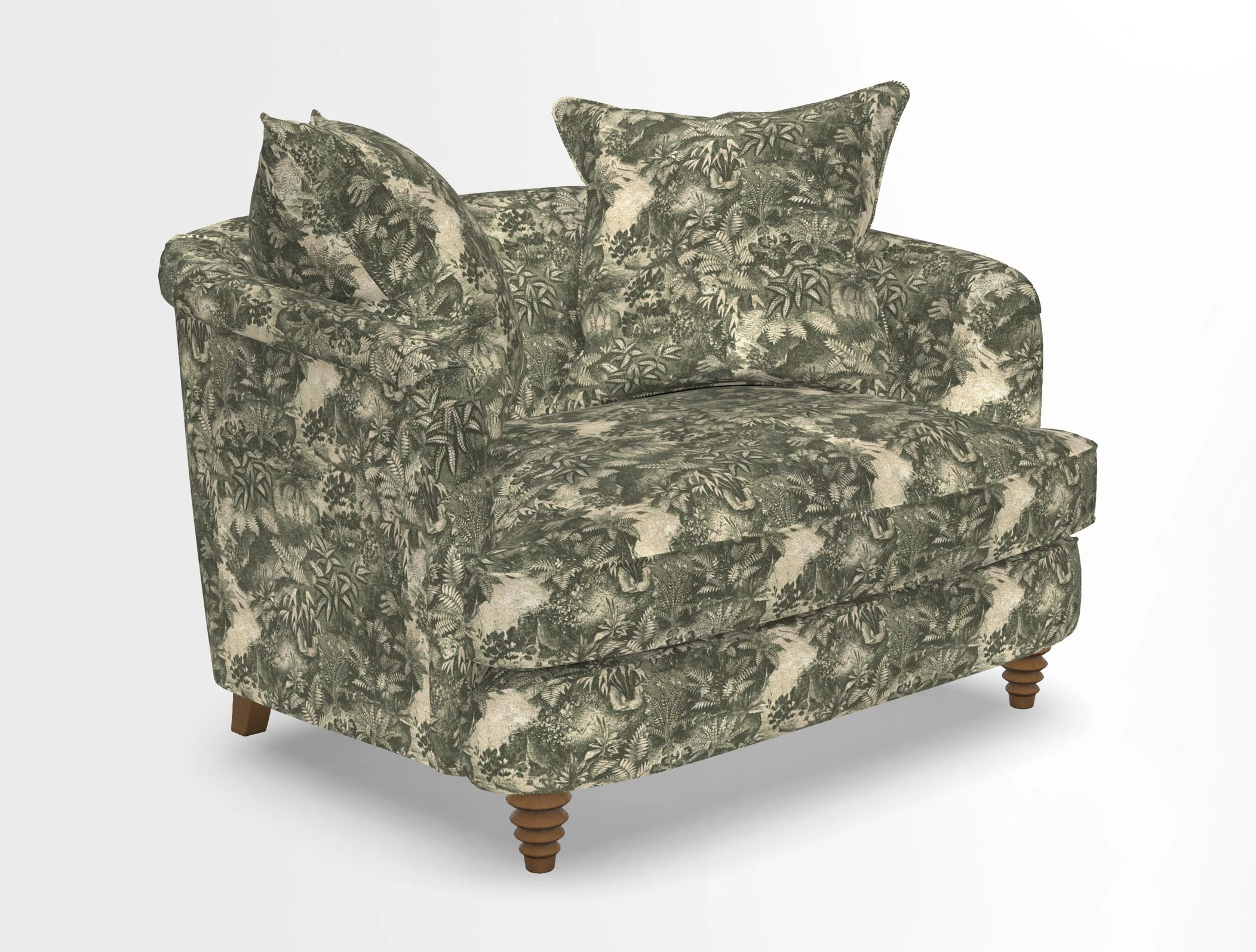 Helmsley Snuggler in V&A Threads of India Opulent Velvets Forest Creatures Hunter piping in Swiss Velvet Olive and scatter in Stockport Stripe Flame