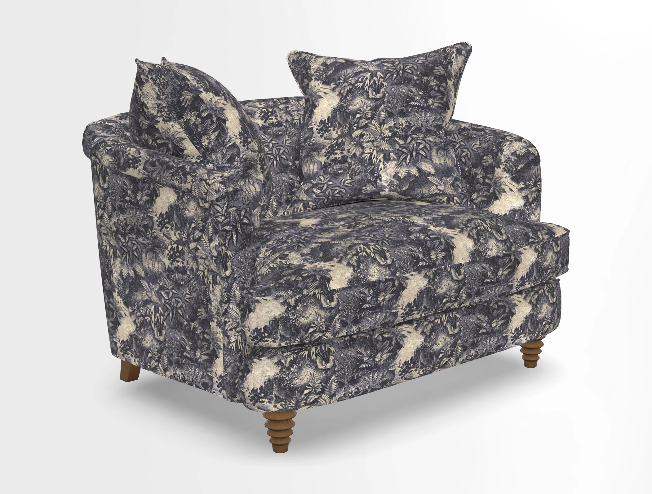 Helmsley Snuggler in V&A Threads of India Opulent Velvets Forest Creatures Hunter piping in Swiss Velvet Olive and scatter in Stockport Stripe Flame