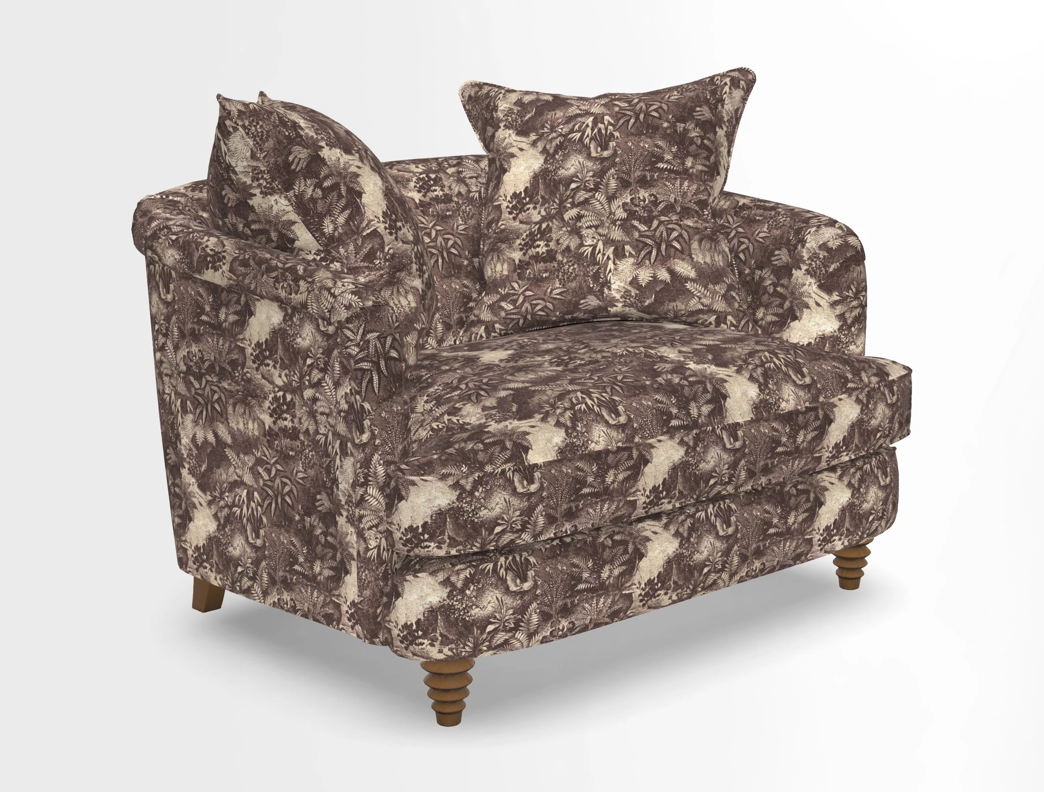 Helmsley Snuggler in V&A Threads of India Opulent Velvets Forest Creatures Hunter piping in Swiss Velvet Olive and scatter in Stockport Stripe Flame