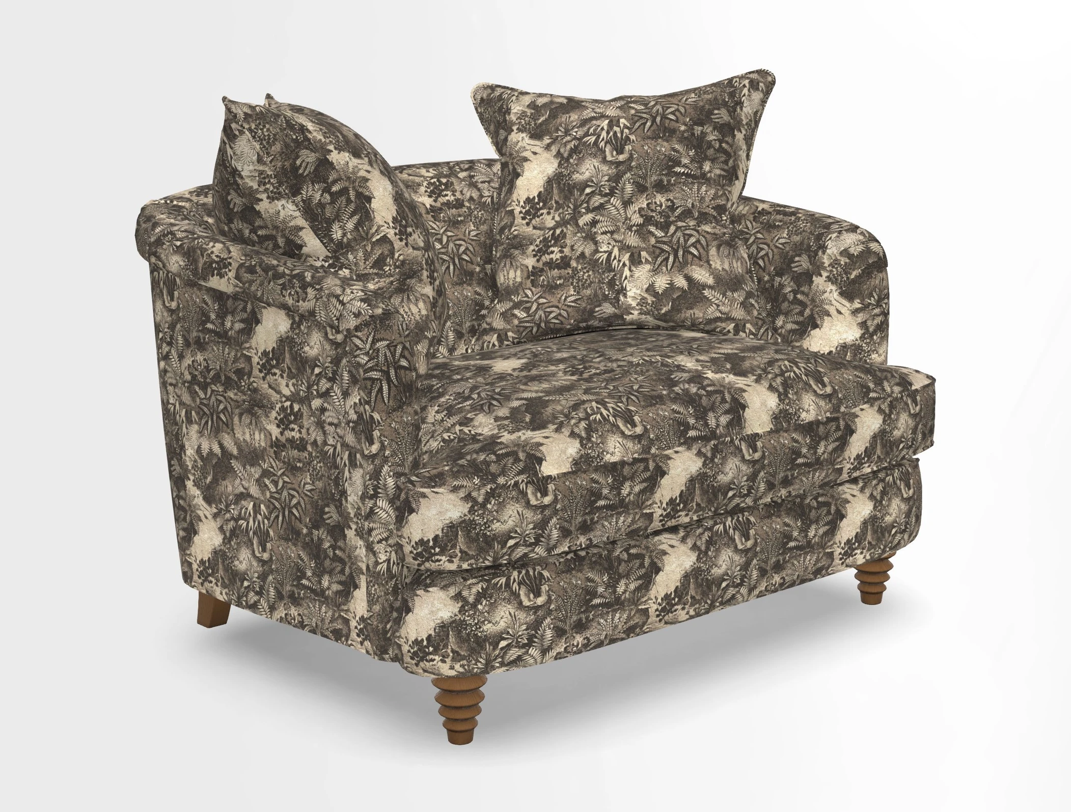 Helmsley Snuggler in V&A Threads of India Opulent Velvets Forest Creatures Hunter piping in Swiss Velvet Olive and scatter in Stockport Stripe Flame