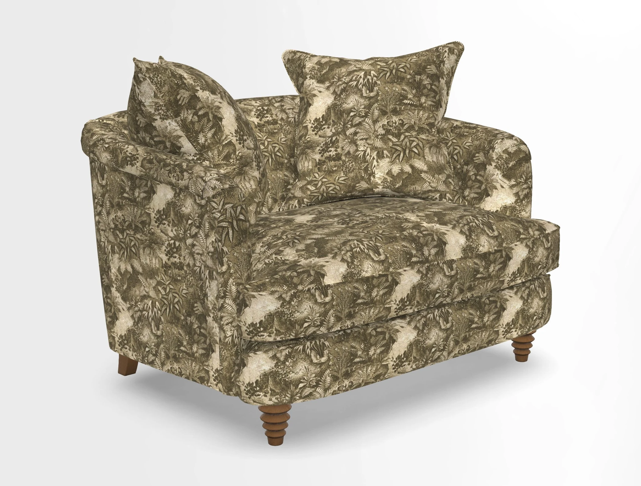 Helmsley Snuggler in V&A Threads of India Opulent Velvets Forest Creatures Hunter piping in Swiss Velvet Olive and scatter in Stockport Stripe Flame