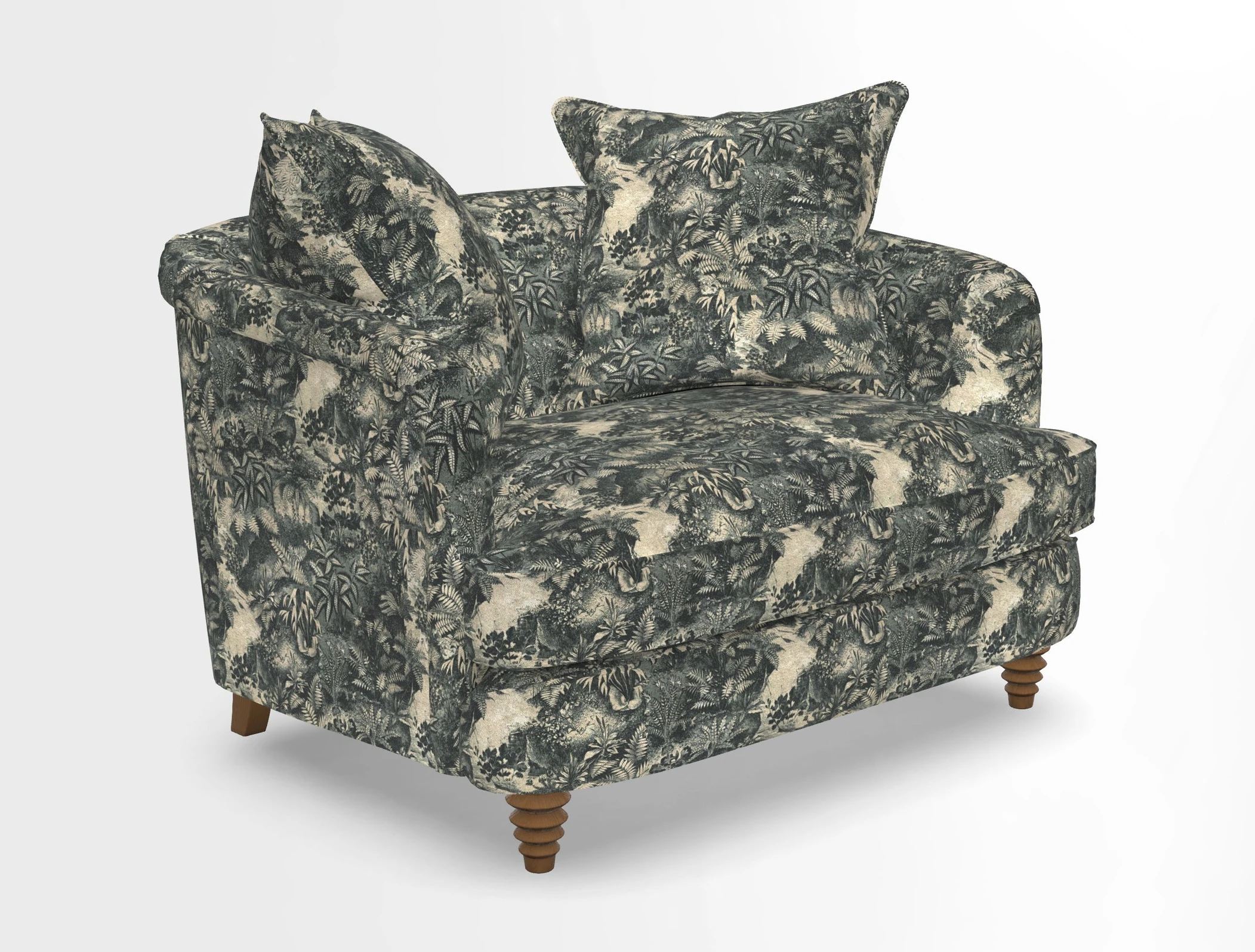 Helmsley Snuggler in V&A Threads of India Opulent Velvets Forest Creatures Hunter piping in Swiss Velvet Olive and scatter in Stockport Stripe Flame