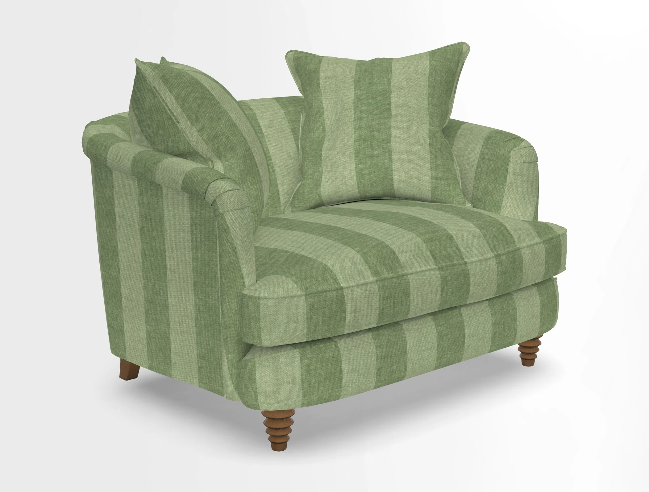 Helmsley Snuggler in V&A Threads of India Opulent Velvets Forest Creatures Hunter piping in Swiss Velvet Olive and scatter in Stockport Stripe Flame