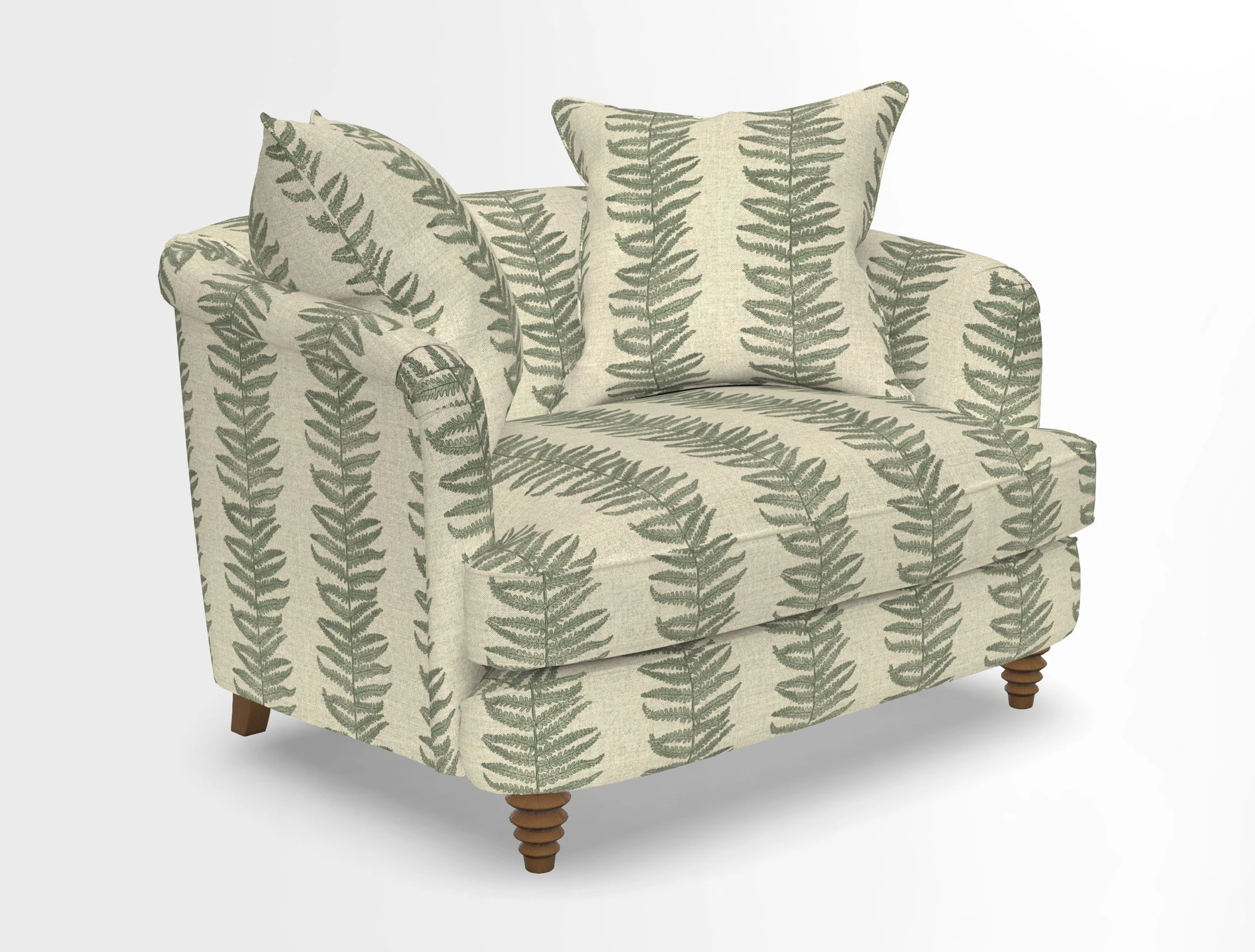 Helmsley Snuggler in V&A Threads of India Opulent Velvets Forest Creatures Hunter piping in Swiss Velvet Olive and scatter in Stockport Stripe Flame