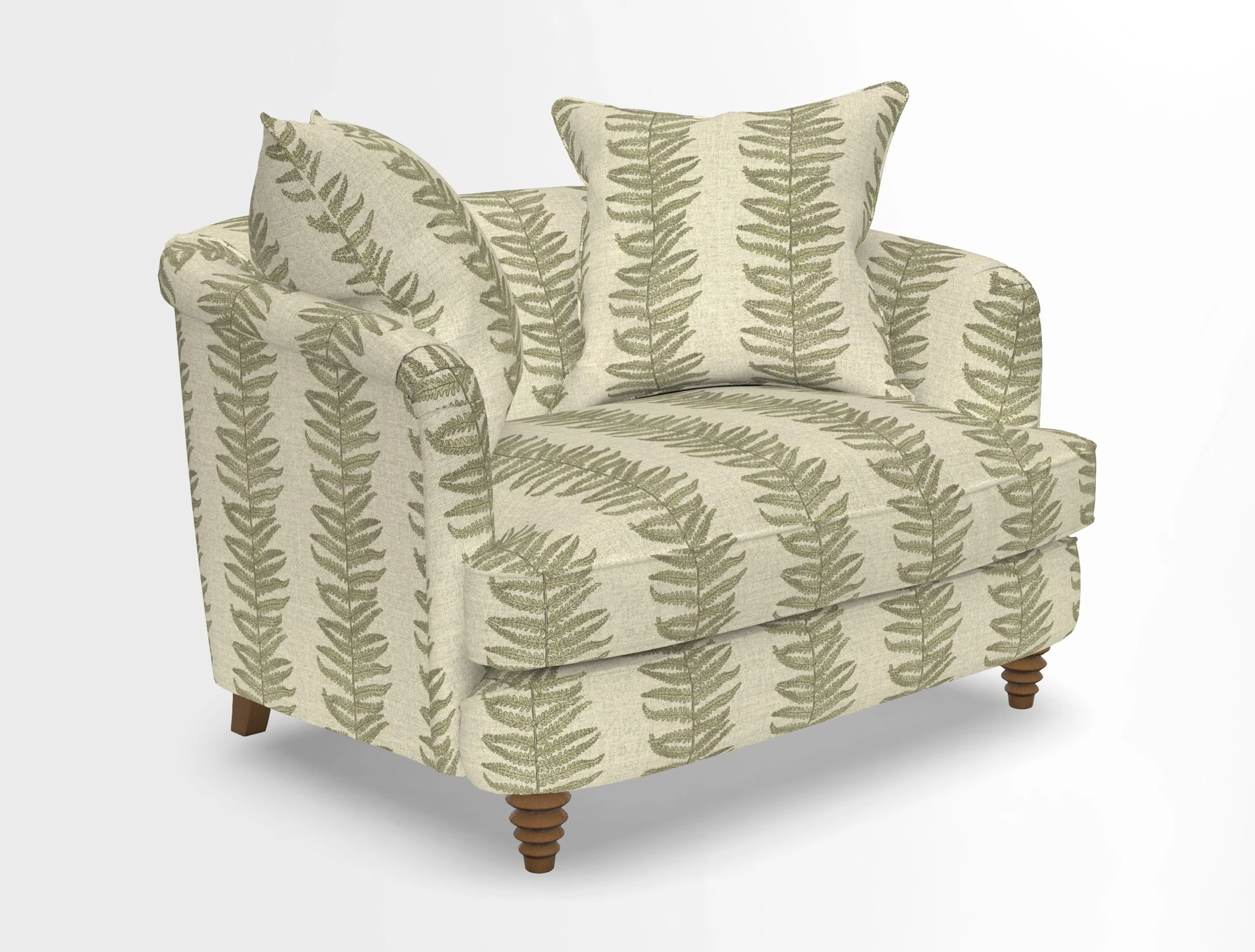 Helmsley Snuggler in V&A Threads of India Opulent Velvets Forest Creatures Hunter piping in Swiss Velvet Olive and scatter in Stockport Stripe Flame