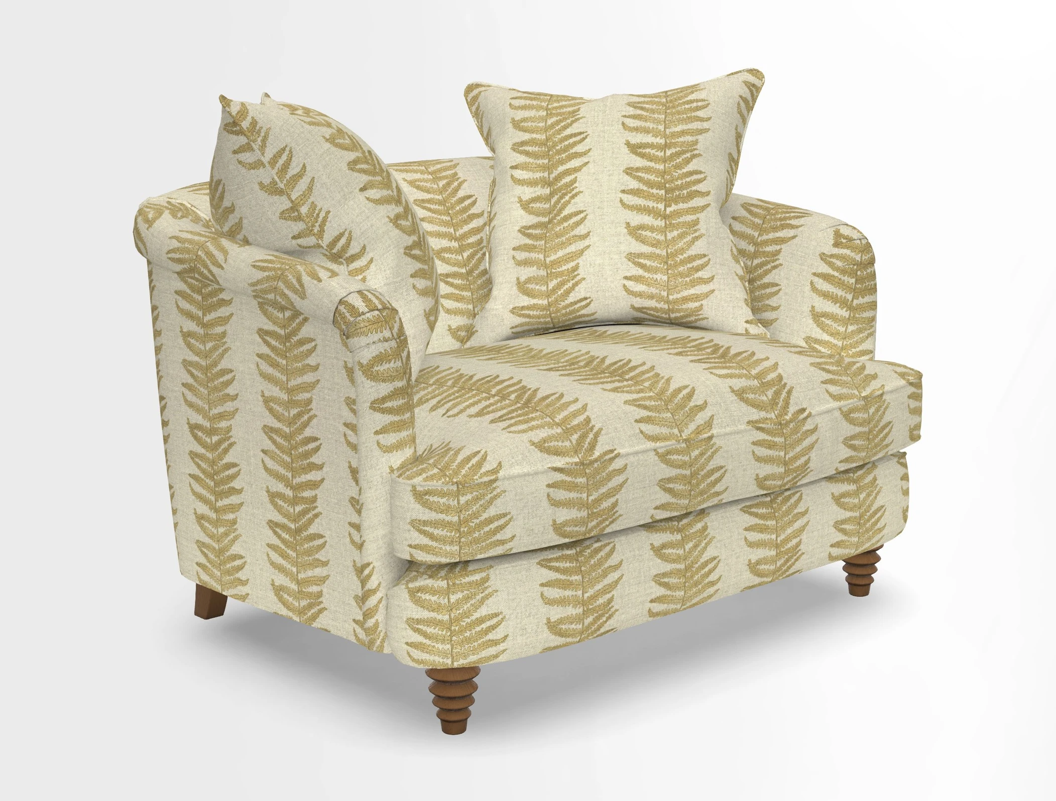 Helmsley Snuggler in V&A Threads of India Opulent Velvets Forest Creatures Hunter piping in Swiss Velvet Olive and scatter in Stockport Stripe Flame