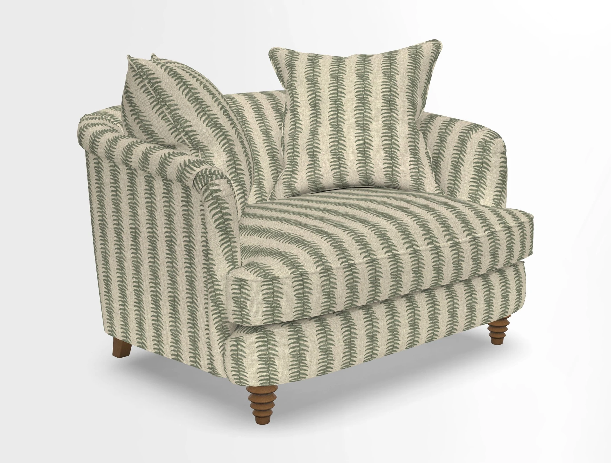 Helmsley Snuggler in V&A Threads of India Opulent Velvets Forest Creatures Hunter piping in Swiss Velvet Olive and scatter in Stockport Stripe Flame
