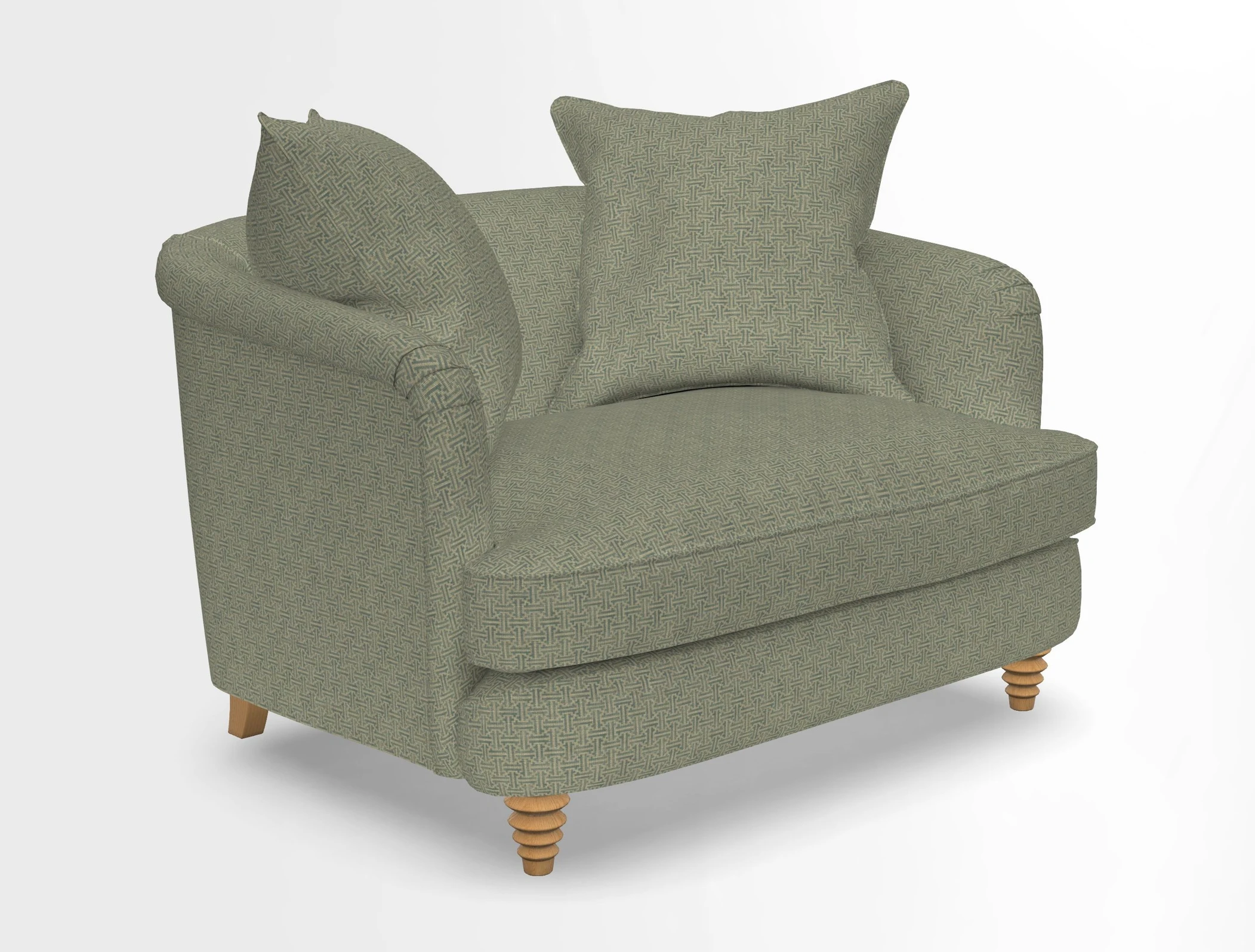 Helmsley Snuggler in V&A Threads of India Opulent Velvets Forest Creatures Hunter piping in Swiss Velvet Olive and scatter in Stockport Stripe Flame