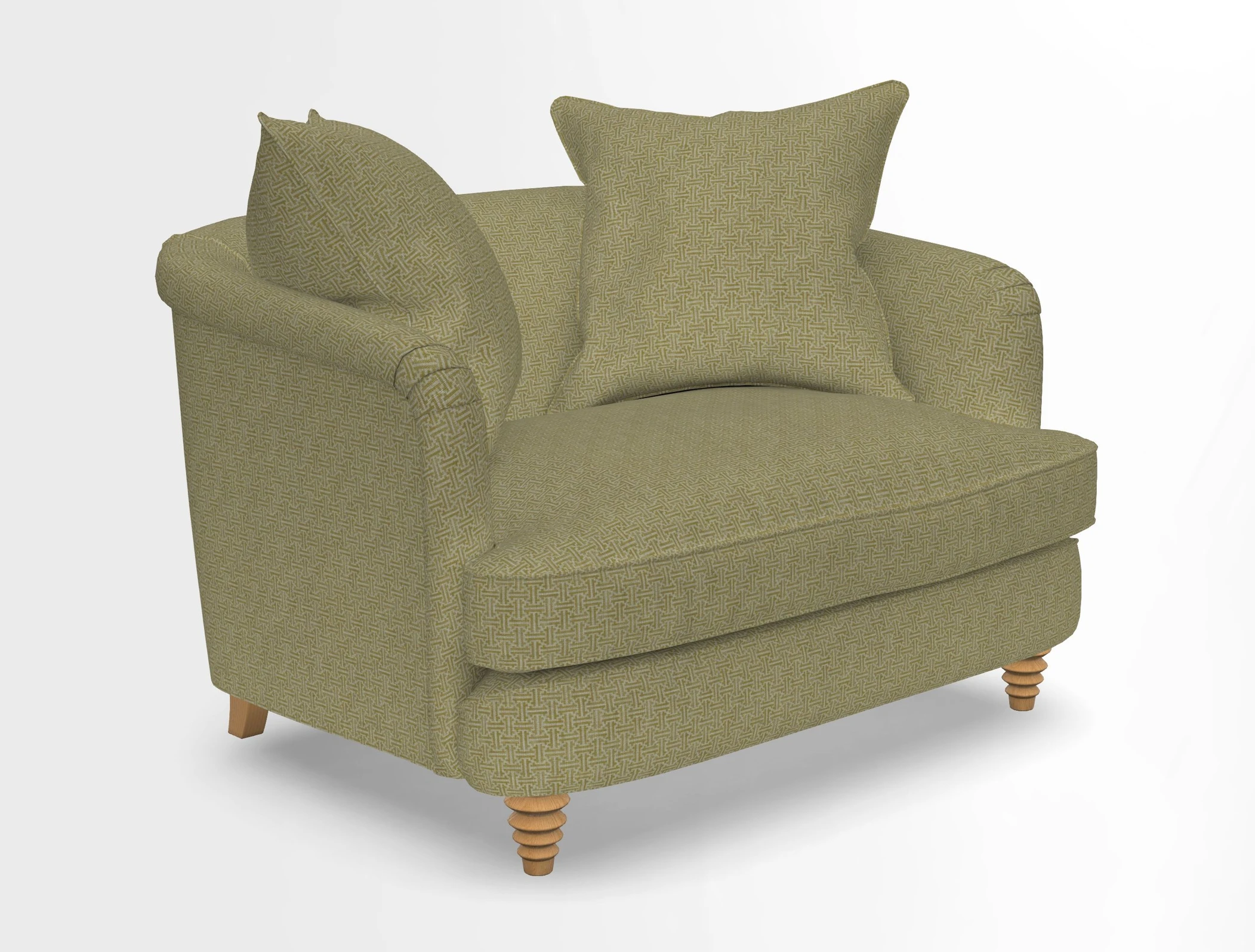 Helmsley Snuggler in V&A Threads of India Opulent Velvets Forest Creatures Hunter piping in Swiss Velvet Olive and scatter in Stockport Stripe Flame