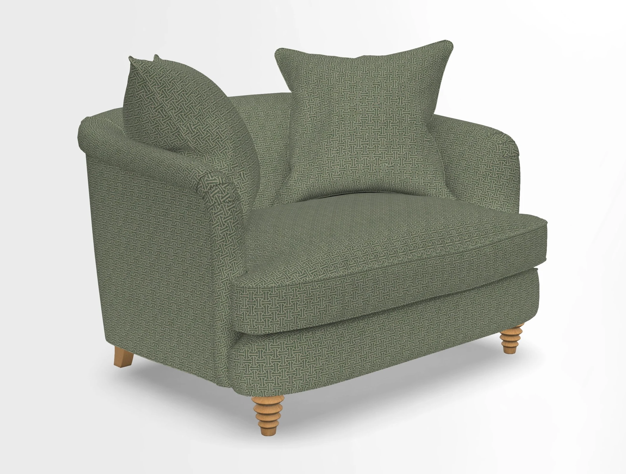 Helmsley Snuggler in V&A Threads of India Opulent Velvets Forest Creatures Hunter piping in Swiss Velvet Olive and scatter in Stockport Stripe Flame