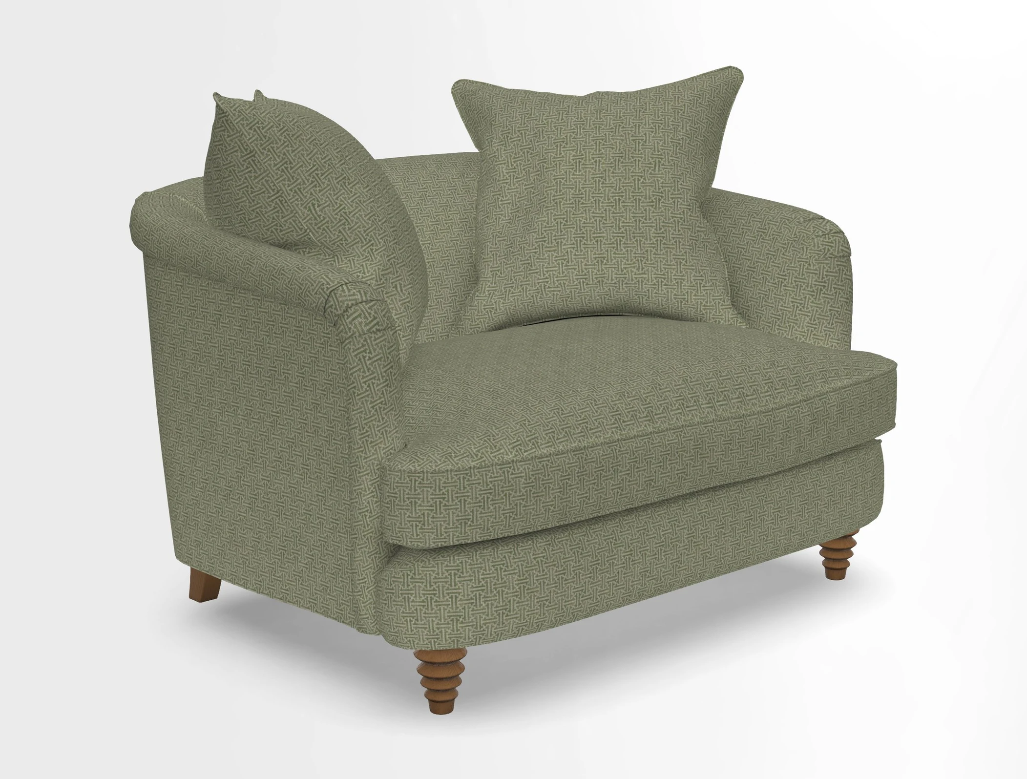 Helmsley Snuggler in V&A Threads of India Opulent Velvets Forest Creatures Hunter piping in Swiss Velvet Olive and scatter in Stockport Stripe Flame