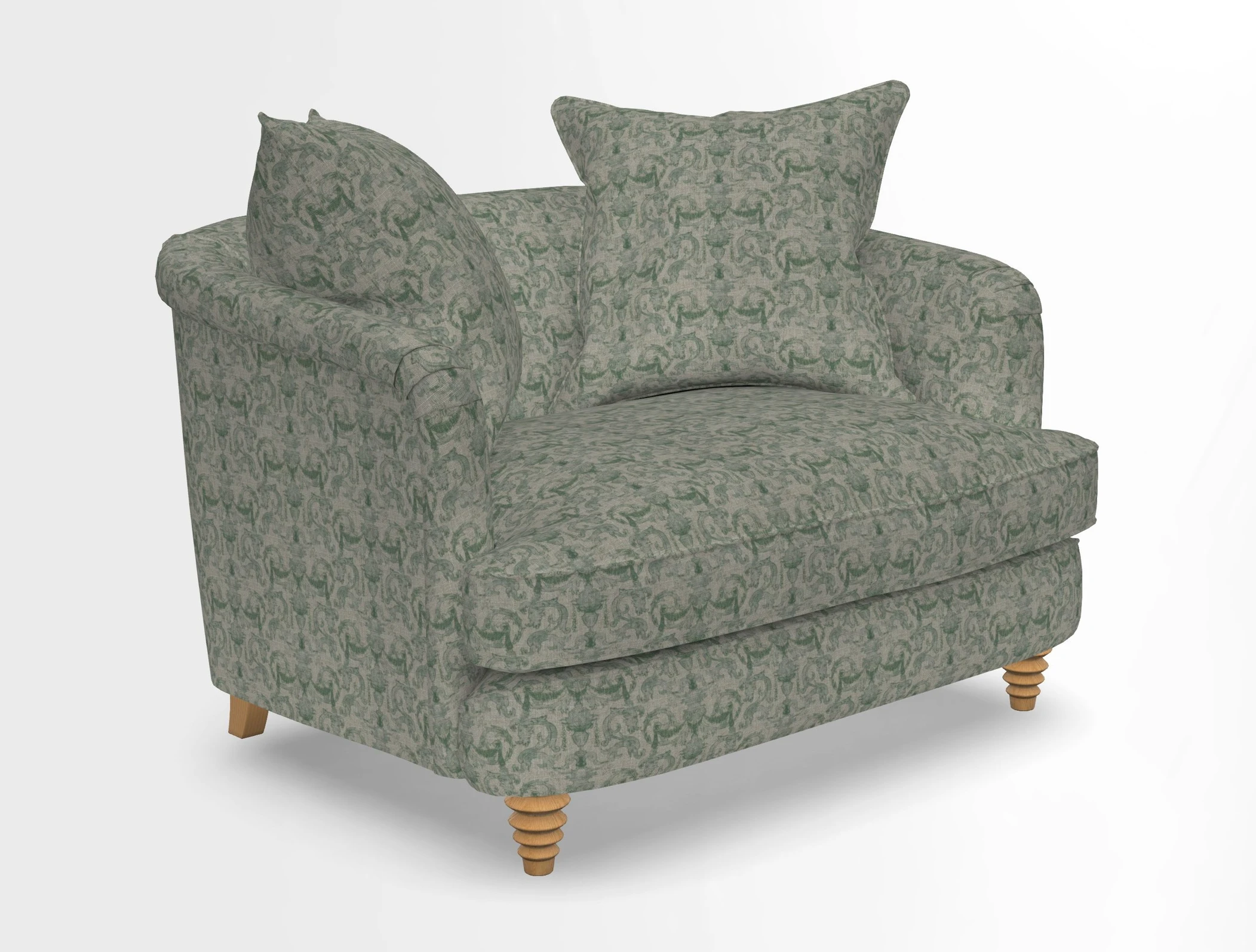 Helmsley Snuggler in V&A Threads of India Opulent Velvets Forest Creatures Hunter piping in Swiss Velvet Olive and scatter in Stockport Stripe Flame