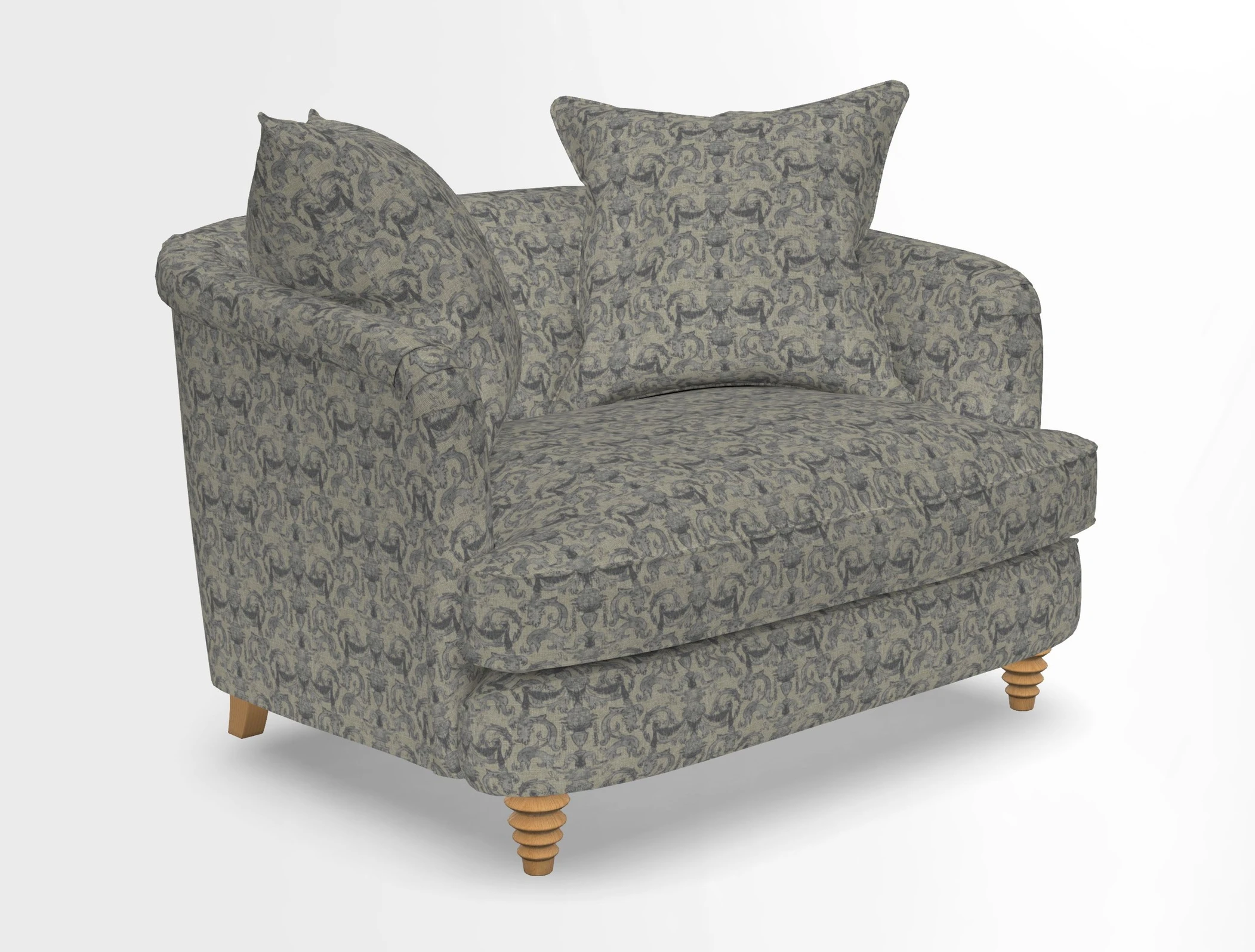 Helmsley Snuggler in V&A Threads of India Opulent Velvets Forest Creatures Hunter piping in Swiss Velvet Olive and scatter in Stockport Stripe Flame