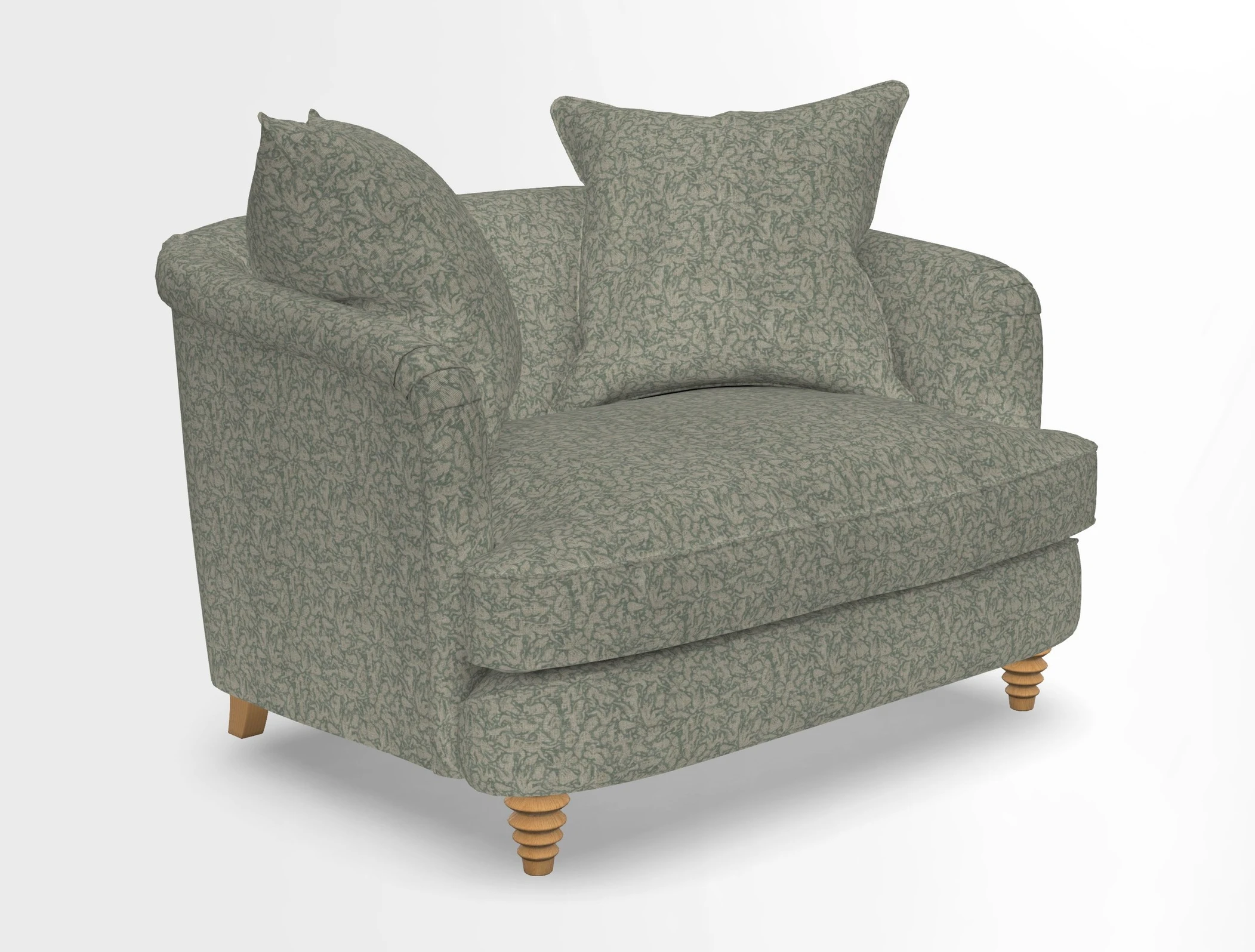 Helmsley Snuggler in V&A Threads of India Opulent Velvets Forest Creatures Hunter piping in Swiss Velvet Olive and scatter in Stockport Stripe Flame