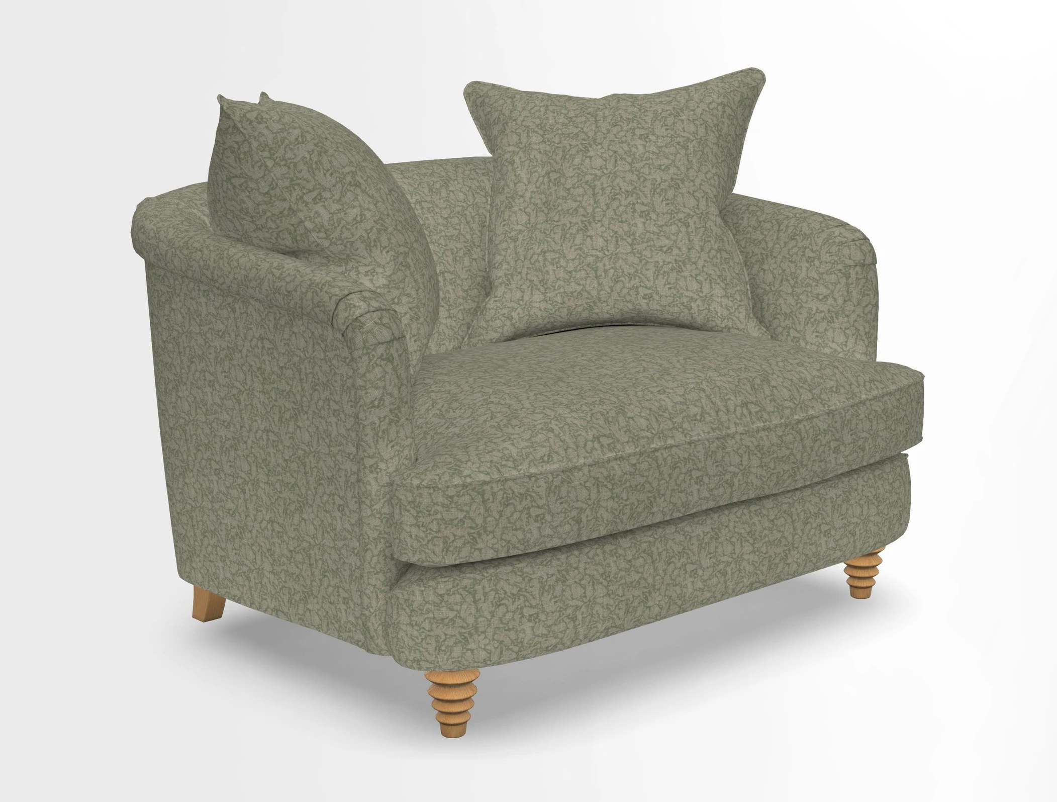 Helmsley Snuggler in V&A Threads of India Opulent Velvets Forest Creatures Hunter piping in Swiss Velvet Olive and scatter in Stockport Stripe Flame
