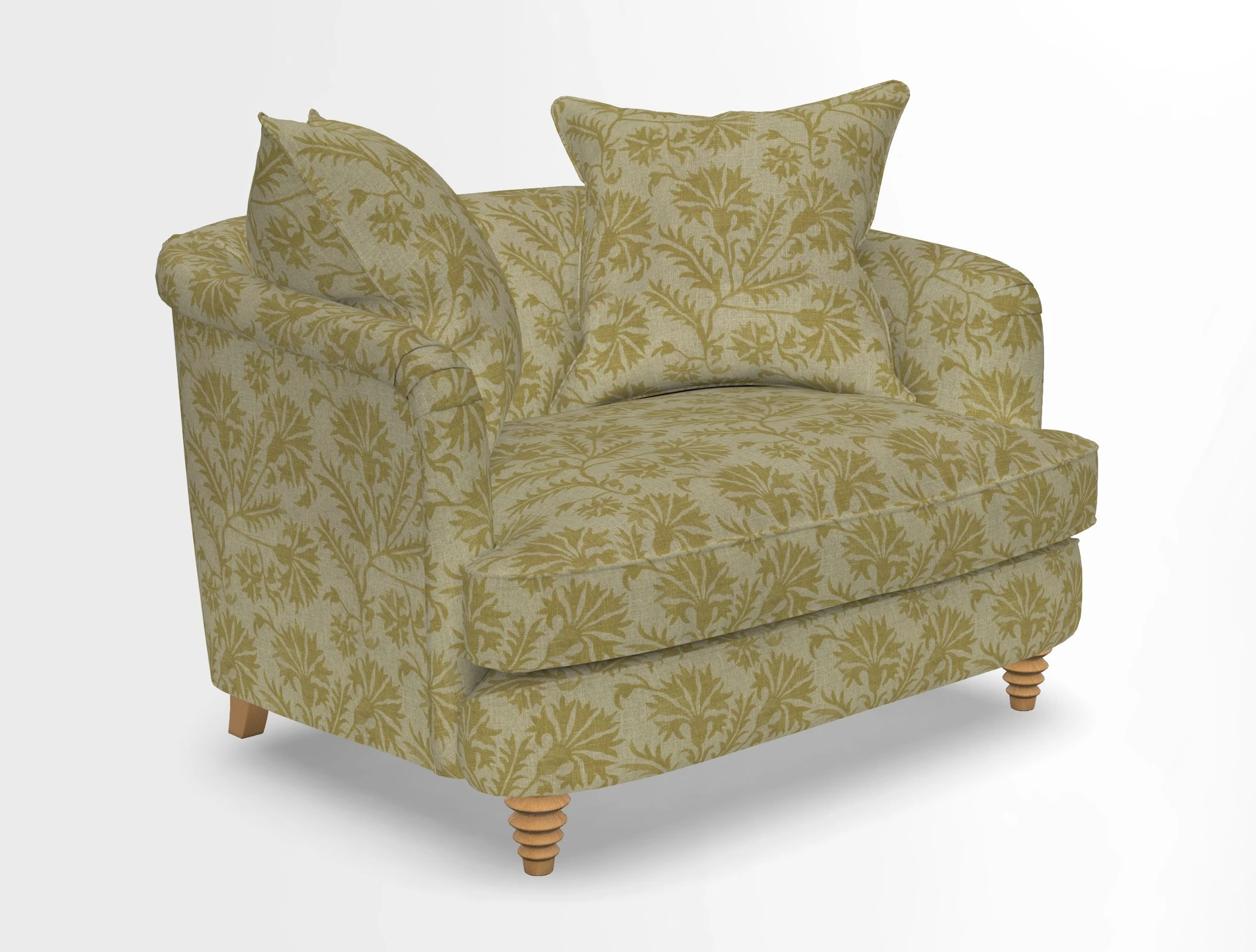 Helmsley Snuggler in V&A Threads of India Opulent Velvets Forest Creatures Hunter piping in Swiss Velvet Olive and scatter in Stockport Stripe Flame