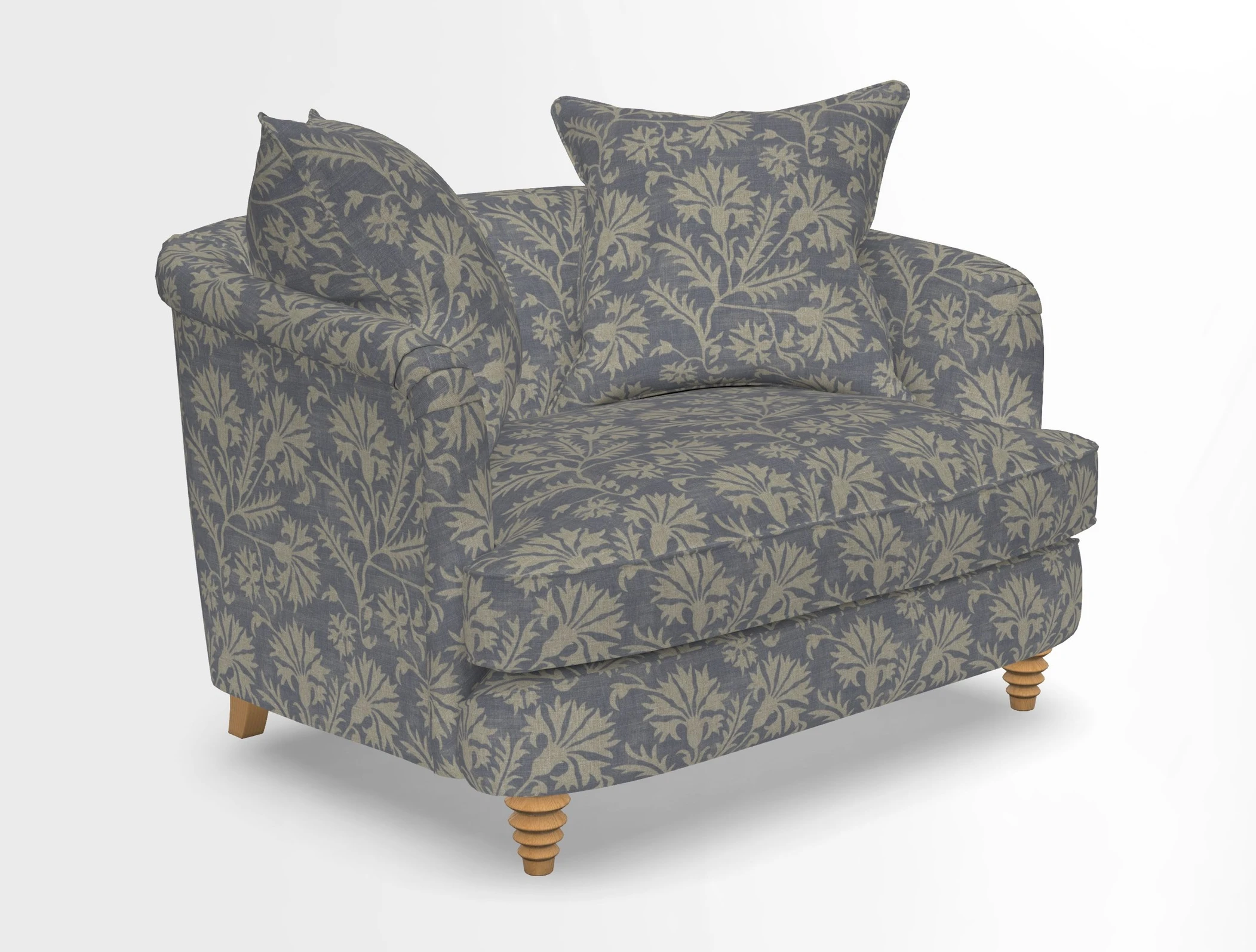 Helmsley Snuggler in V&A Threads of India Opulent Velvets Forest Creatures Hunter piping in Swiss Velvet Olive and scatter in Stockport Stripe Flame