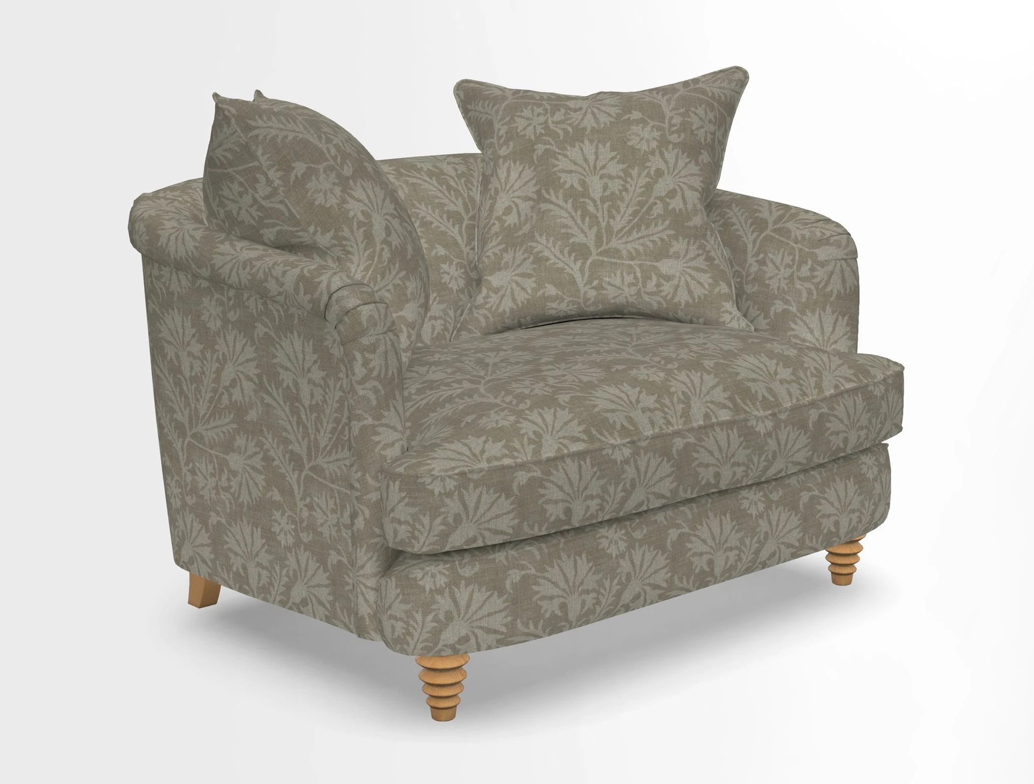 Helmsley Snuggler in V&A Threads of India Opulent Velvets Forest Creatures Hunter piping in Swiss Velvet Olive and scatter in Stockport Stripe Flame
