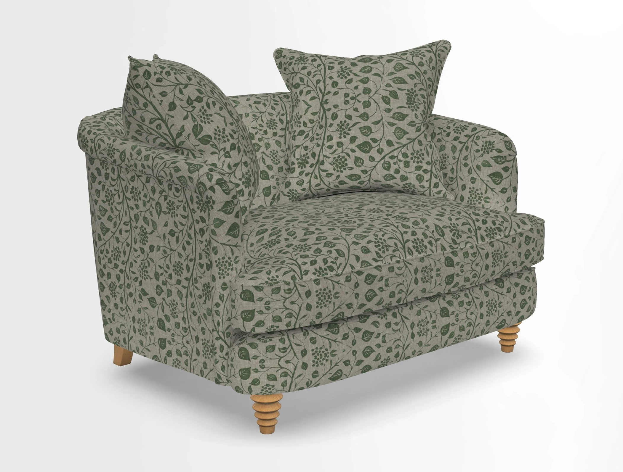 Helmsley Snuggler in V&A Threads of India Opulent Velvets Forest Creatures Hunter piping in Swiss Velvet Olive and scatter in Stockport Stripe Flame